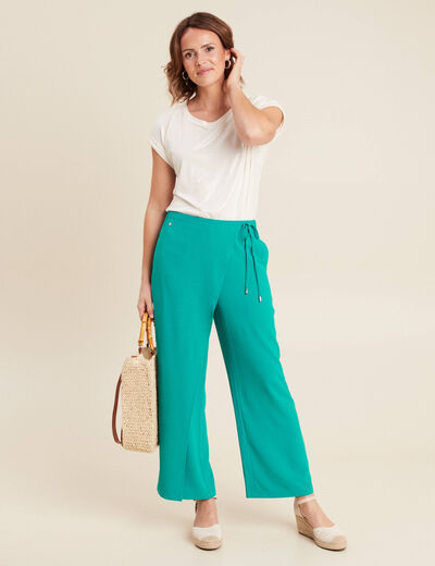 Pantalon coupe large avec pan vert &eacute;meraude femme