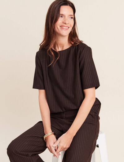 T-shirt droit col rond manches courtes marron femme