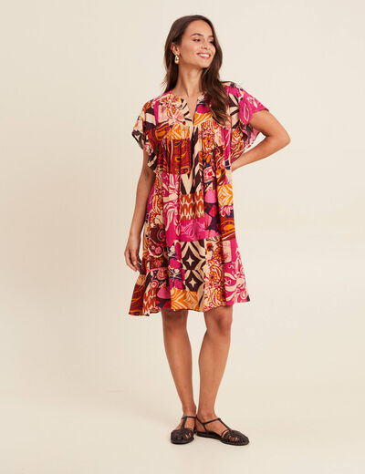 Robe courte évasée col tunisien rose femme