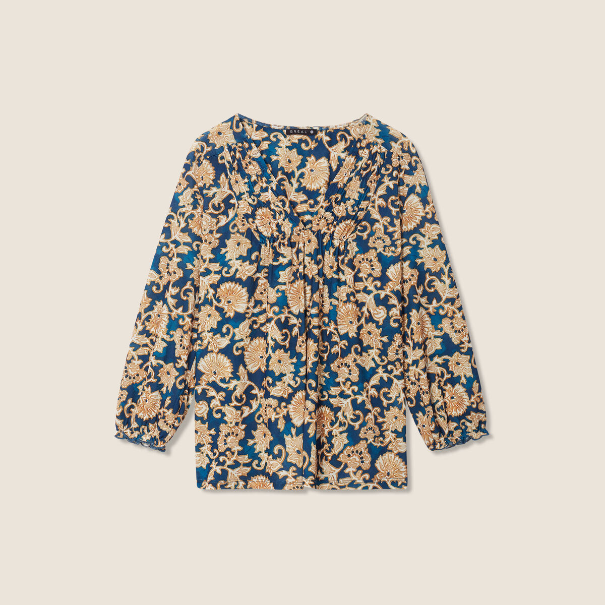 Blouse manches 3/4 col smocké bleu foncé femme