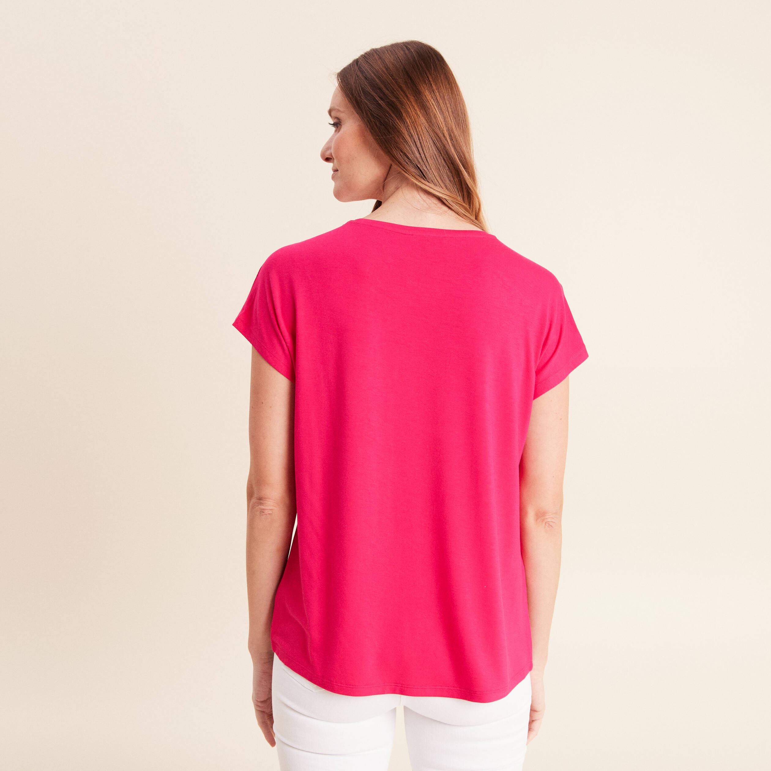 T-shirt bi-mati&egrave;re manches courtes rose fushia femme