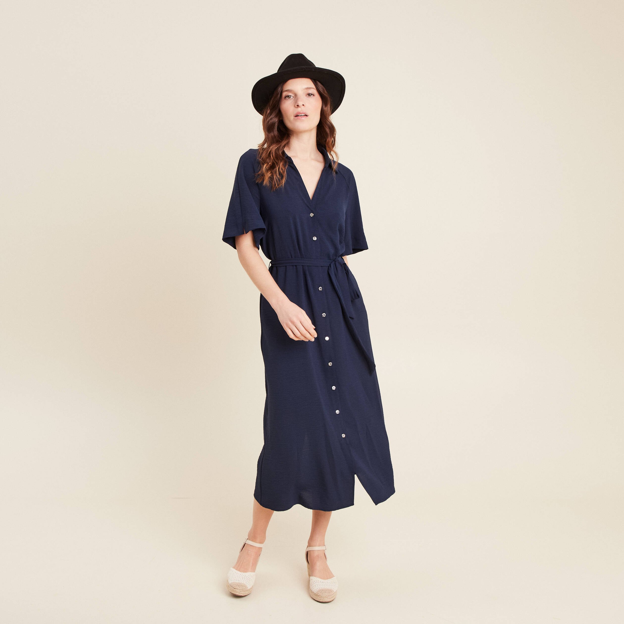 Robe évasée col chemise bleu marine femme