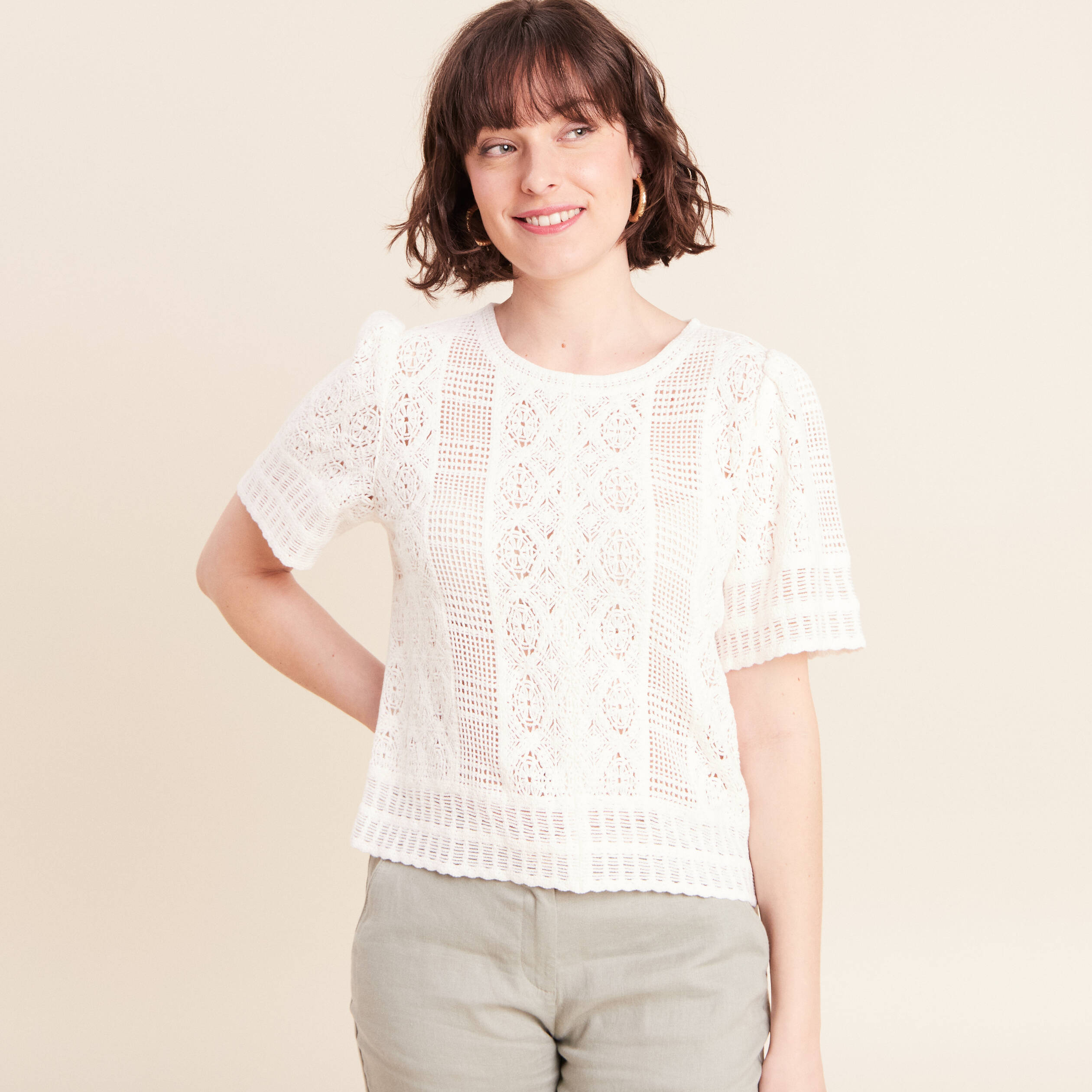T-shirt col rond &agrave; dentelle ecru femme