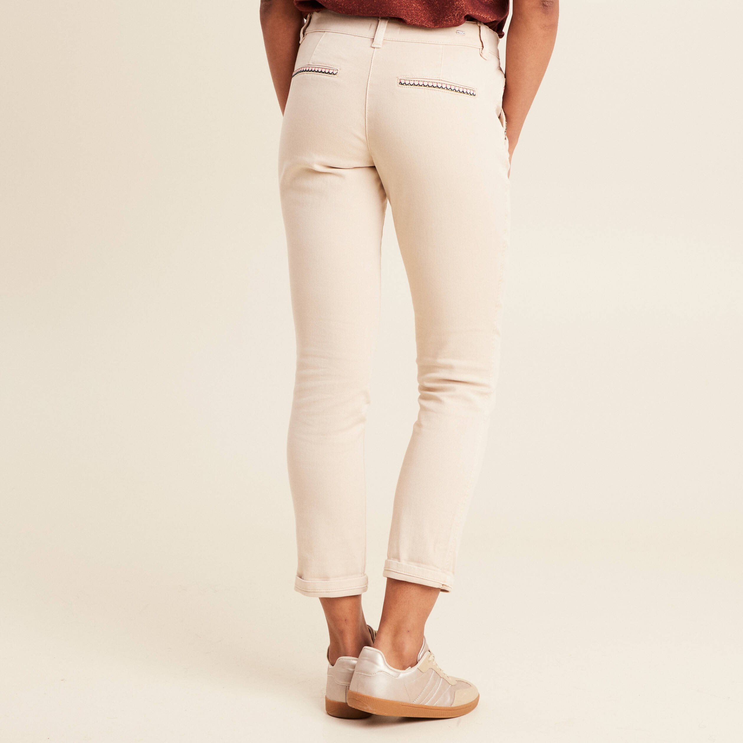 Pantalon chino brodé 7/8ème denim beige femme