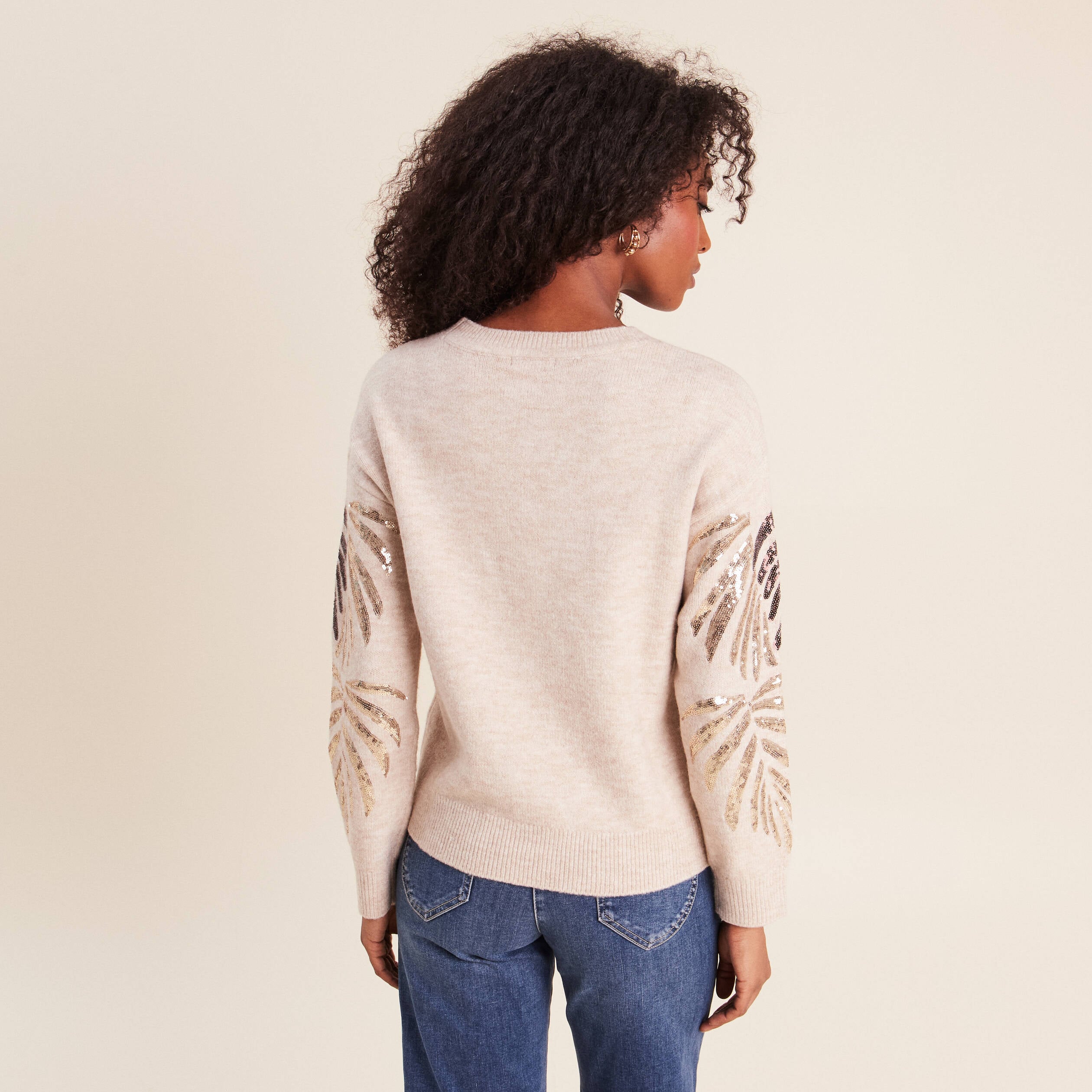 Pull col rond &agrave; sequins couleur or femme