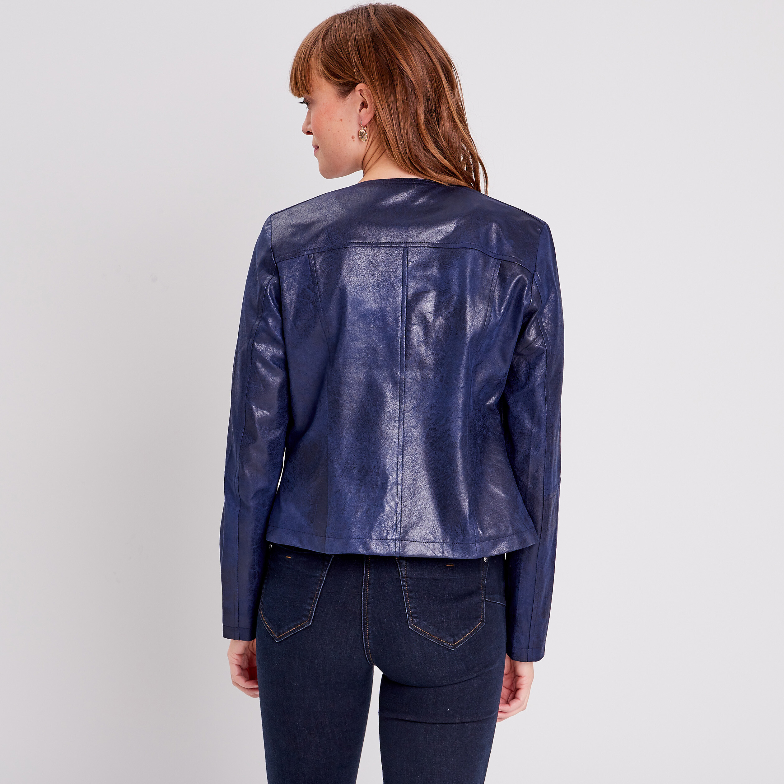Veste droite zippée bleu foncé femme