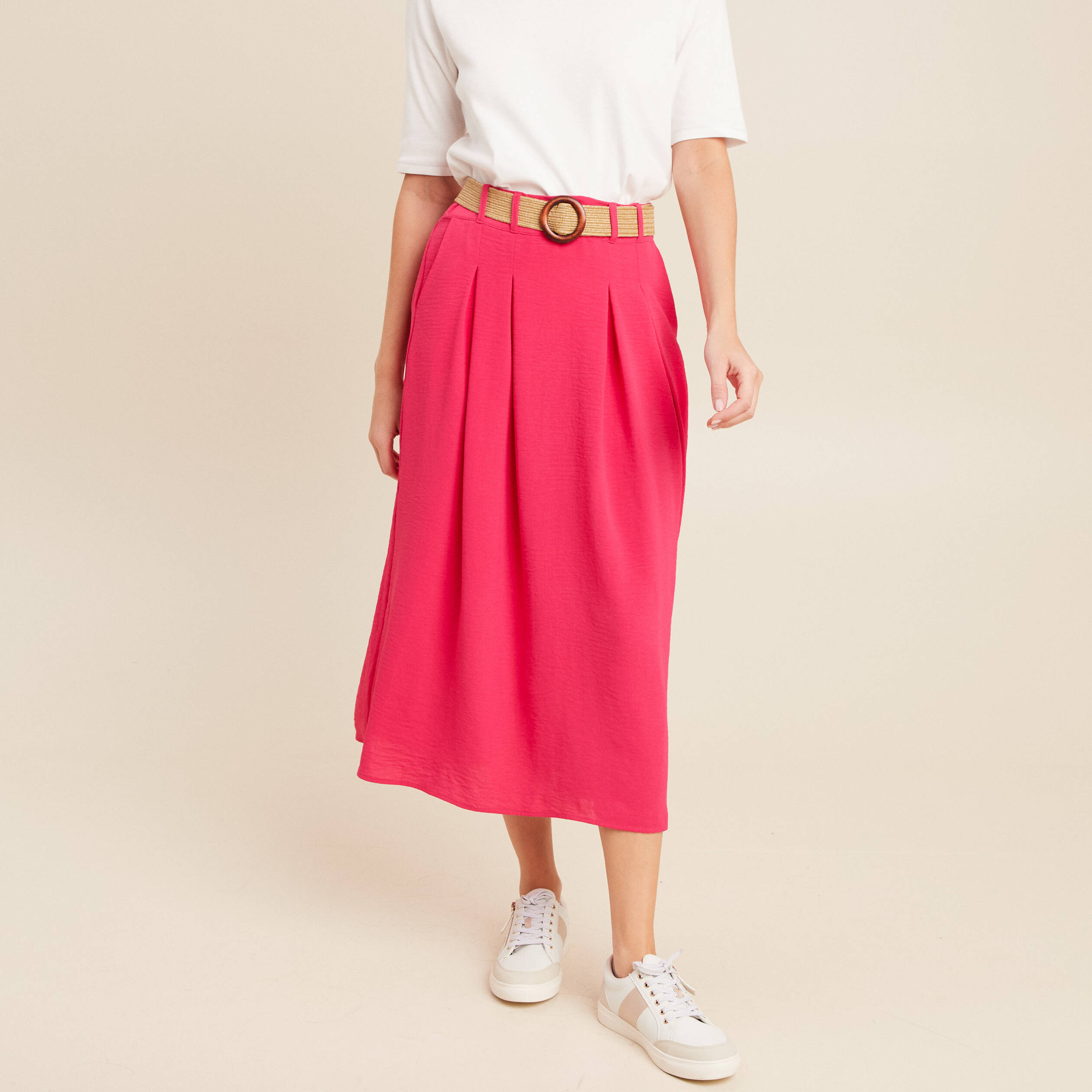 jupe longue evasee ceinturee rouge corail femme Jupe longue évasée ceinturée rouge corail femme