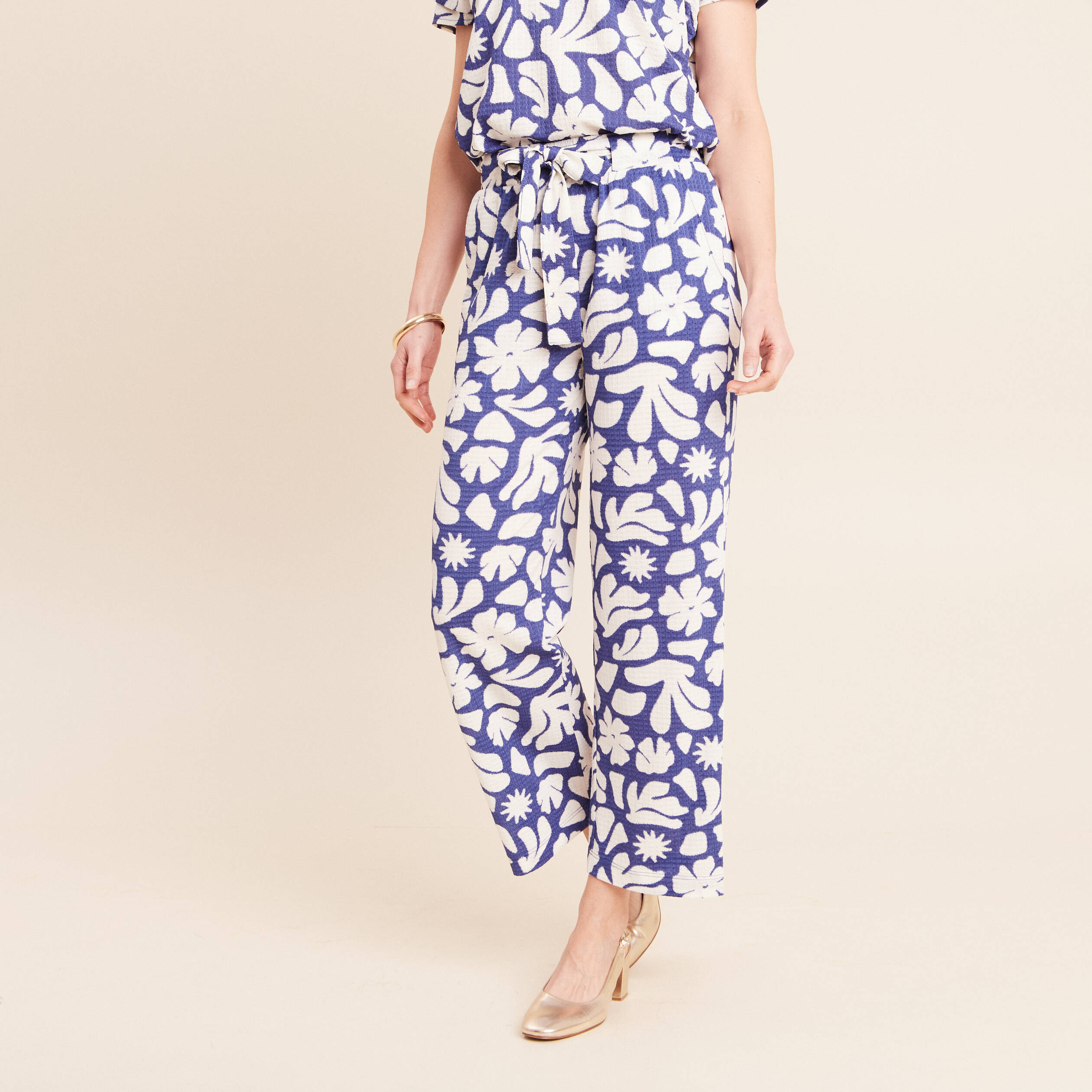 Pantalon coupe large 7/8&egrave;me taille haute bleu femme