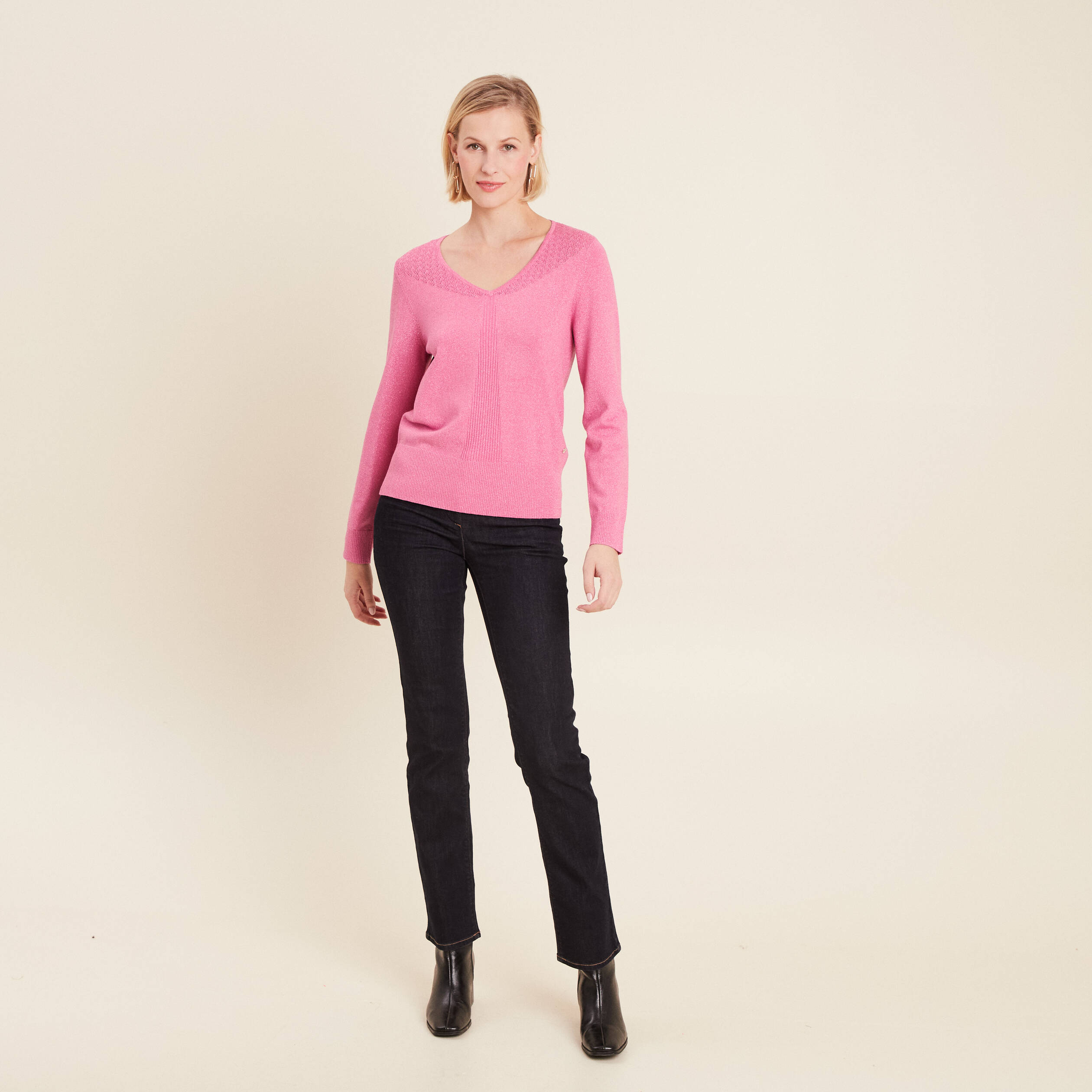 Pull manches longues col en V rose femme