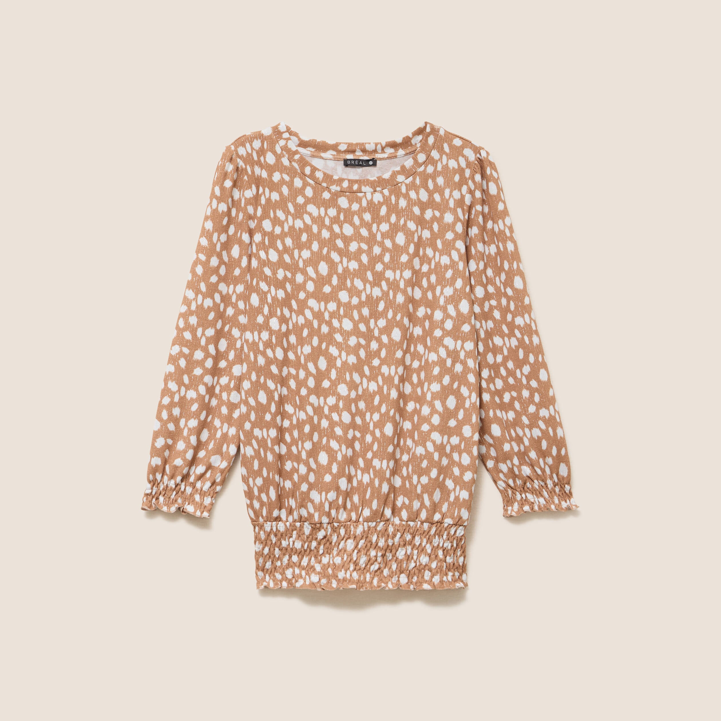 T-shirt col rond manches 3/4 marron femme