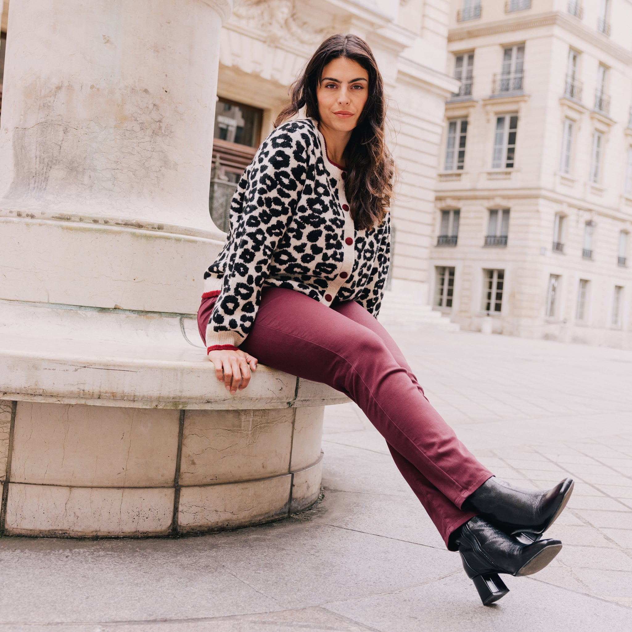 Gilet jacquard col rond manches longues marron femme