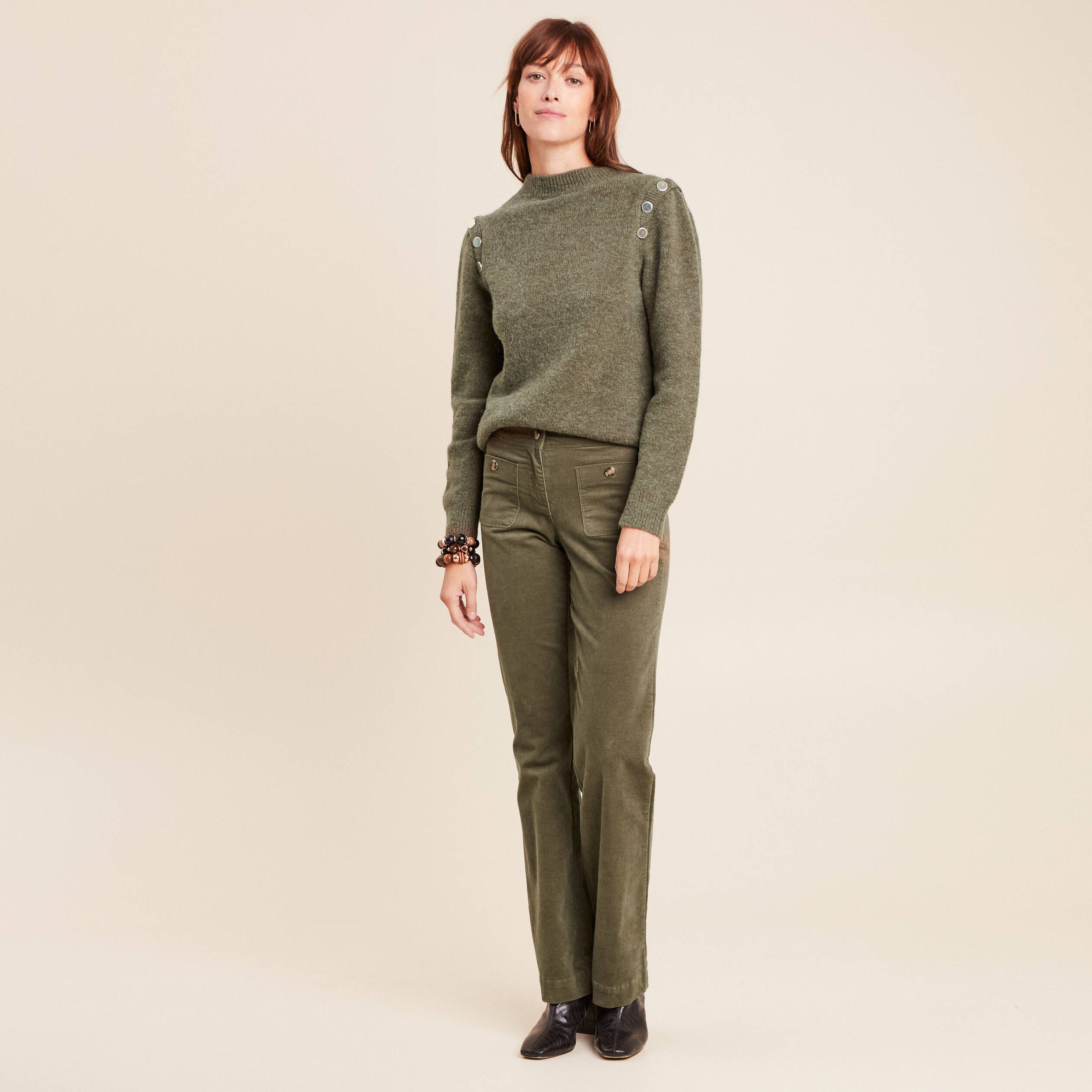 Pull col rond manches longues vert kaki femme