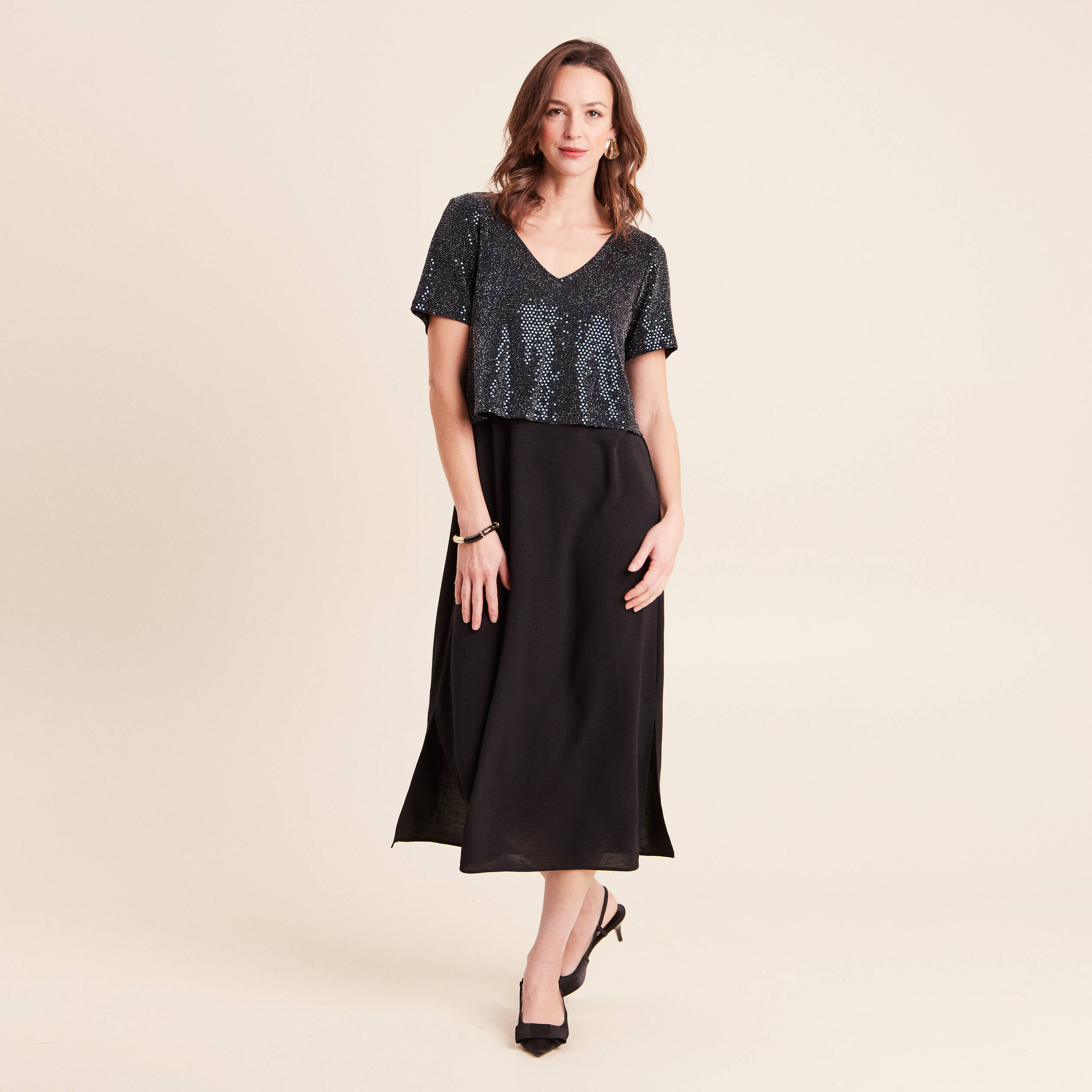Robe longue &eacute;vas&eacute;e 2 en 1 col rond bleu marine femme