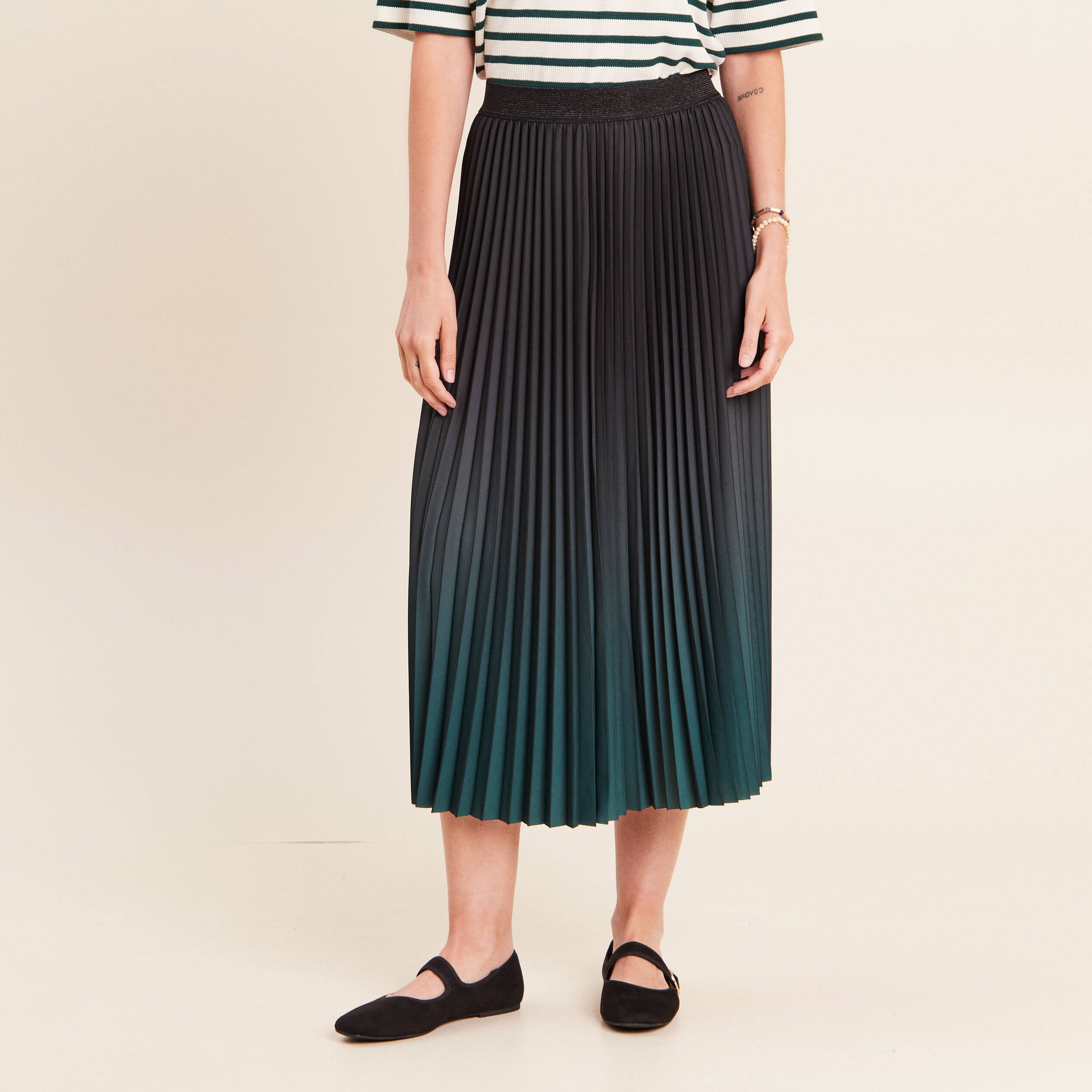Jupe midi patineuse pliss&eacute;e vert fonc&eacute; femme