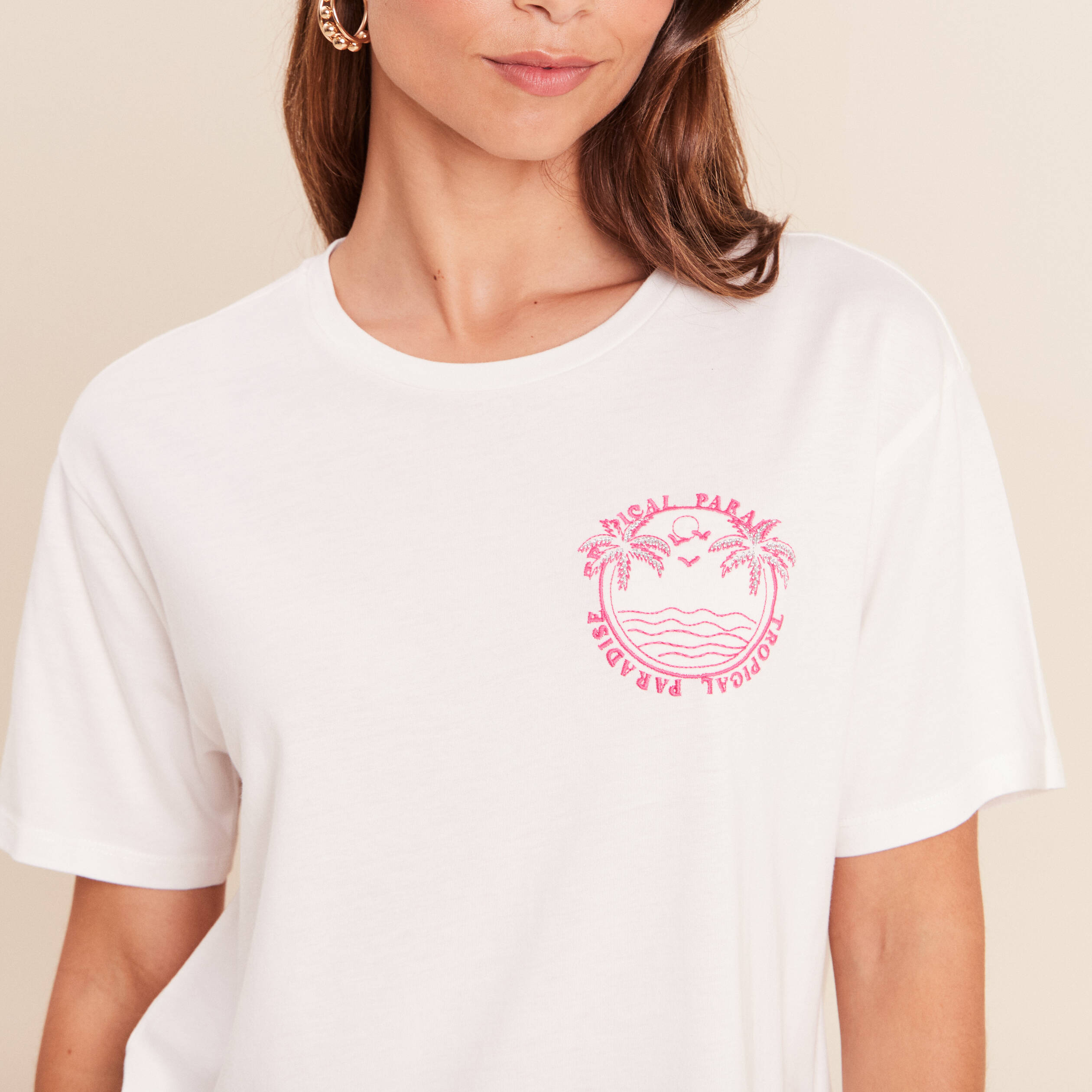 T-shirt broderie manches courtes ecru femme
