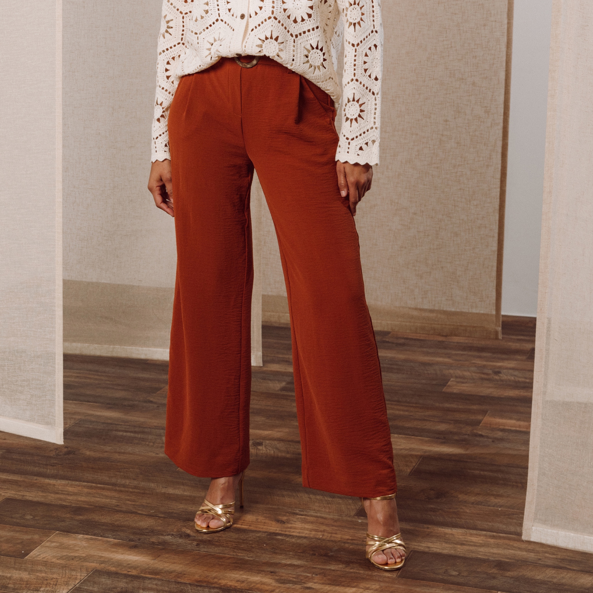 Pantalon large taille haute fluide marron fonc&eacute; femme