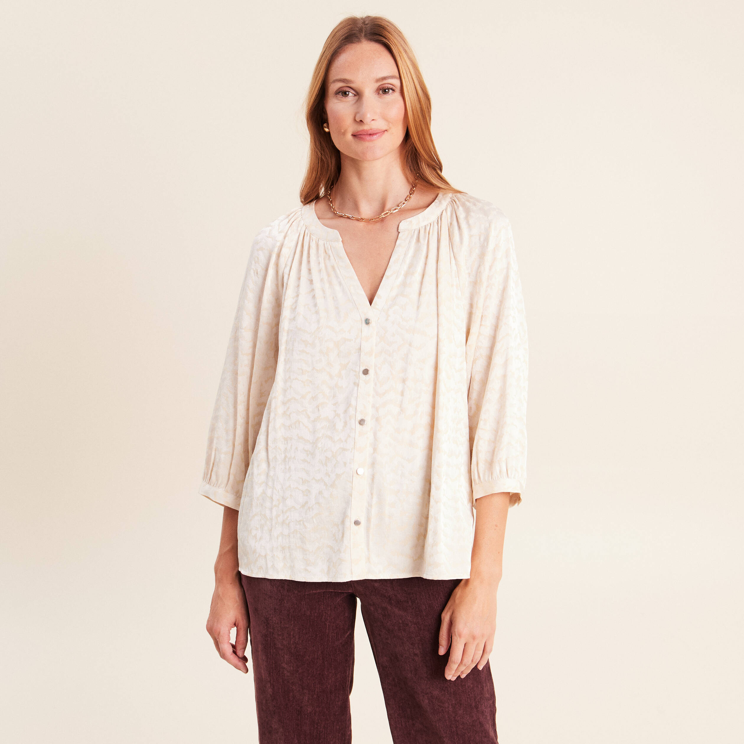 Chemise ample jacquard col v manches 3/4 blanc femme