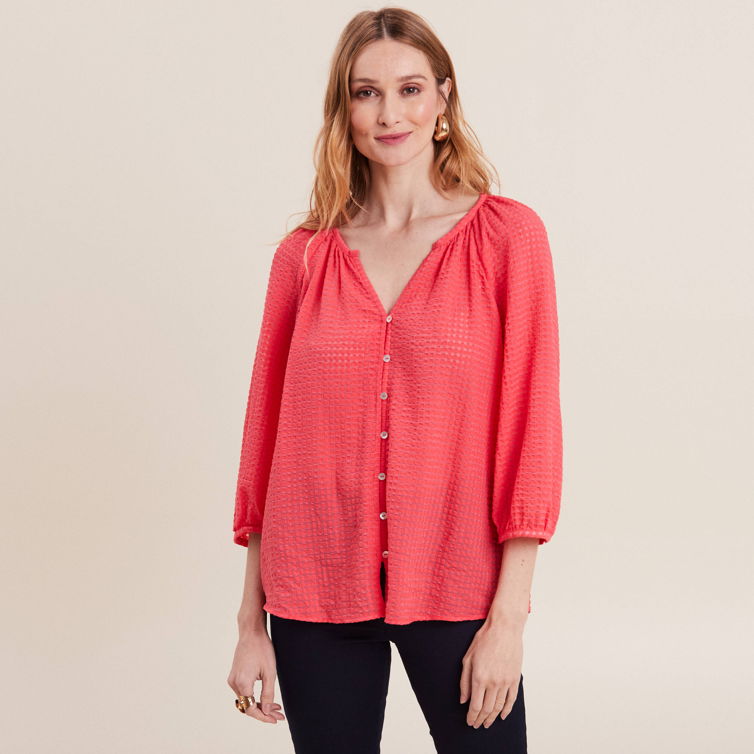 Blouse manches 3/4 rose cerise femme