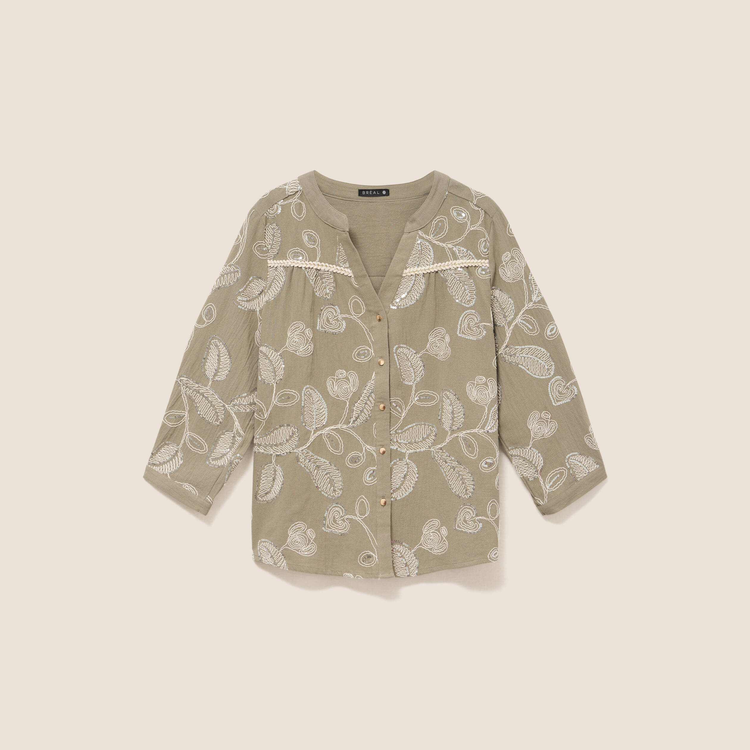 Blouse col tunisien manches 3/4 vert femme