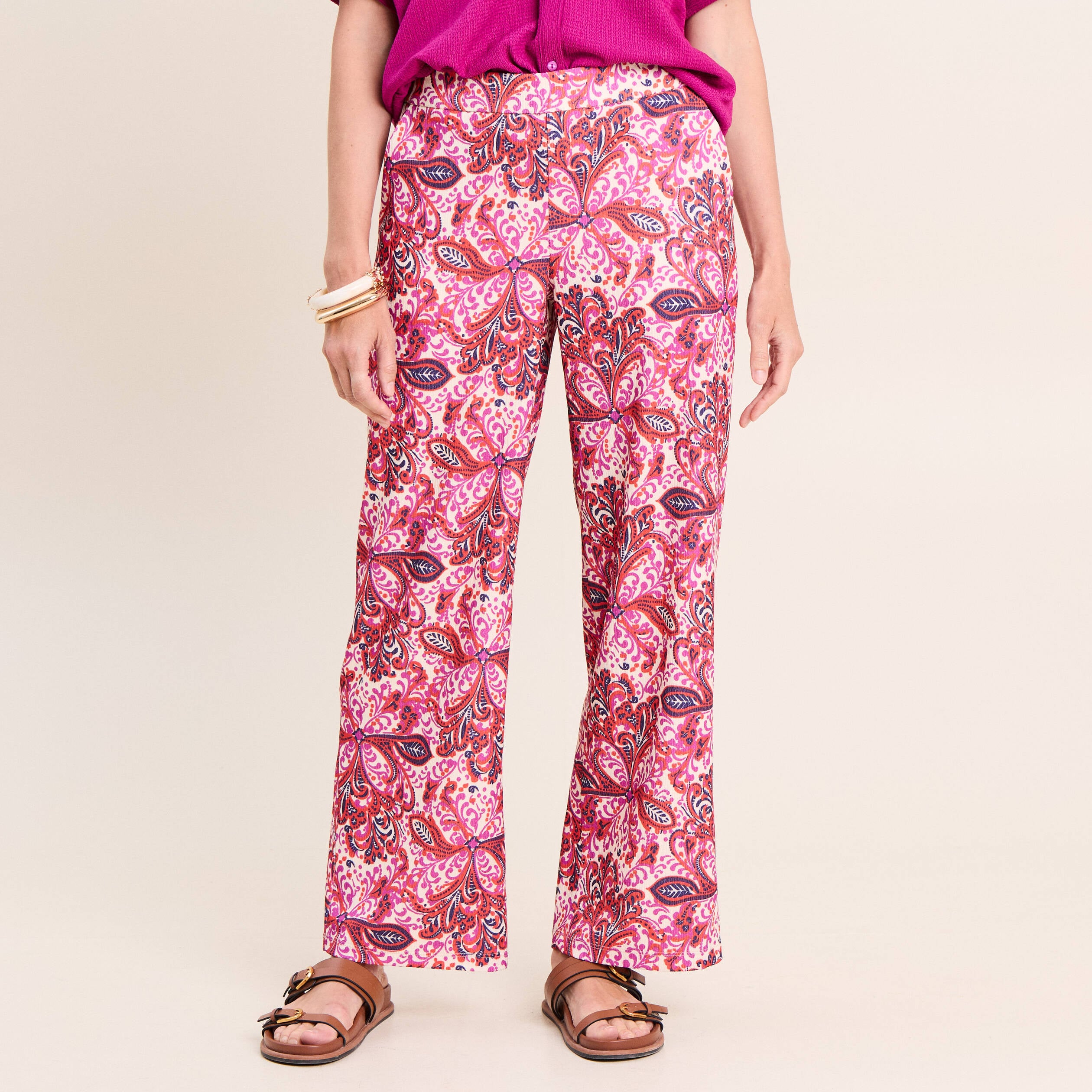 Pantalon large taille haute rose corail femme