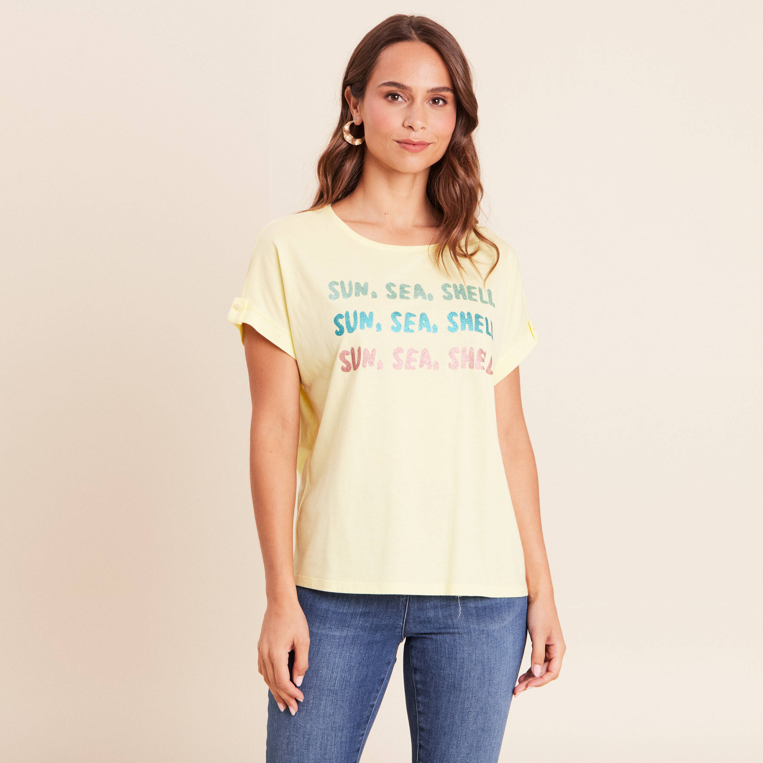 T-shirt col rond manches courtes jaune pastel femme