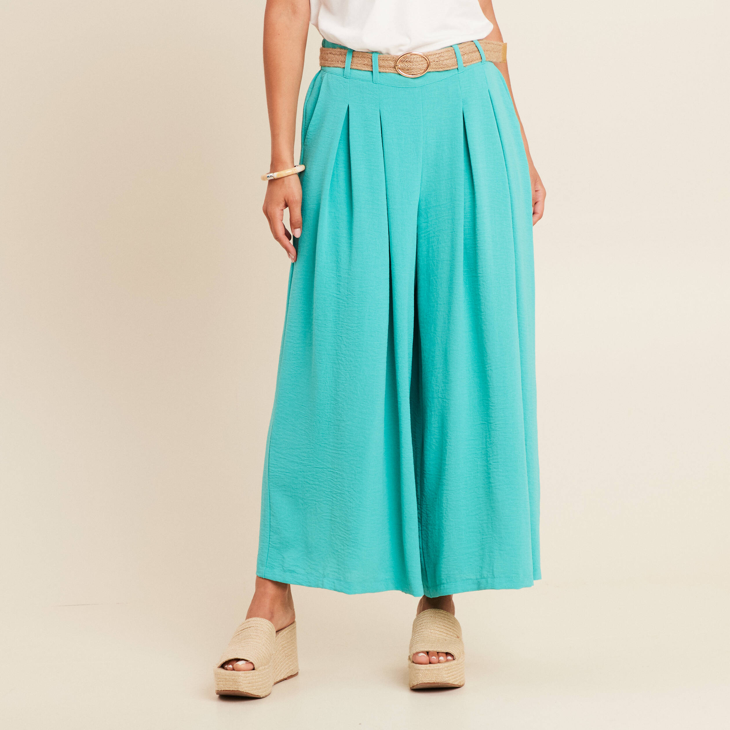 pantalon jupe culotte large vert turquoise femme Pantalon jupe-culotte large vert turquoise femme