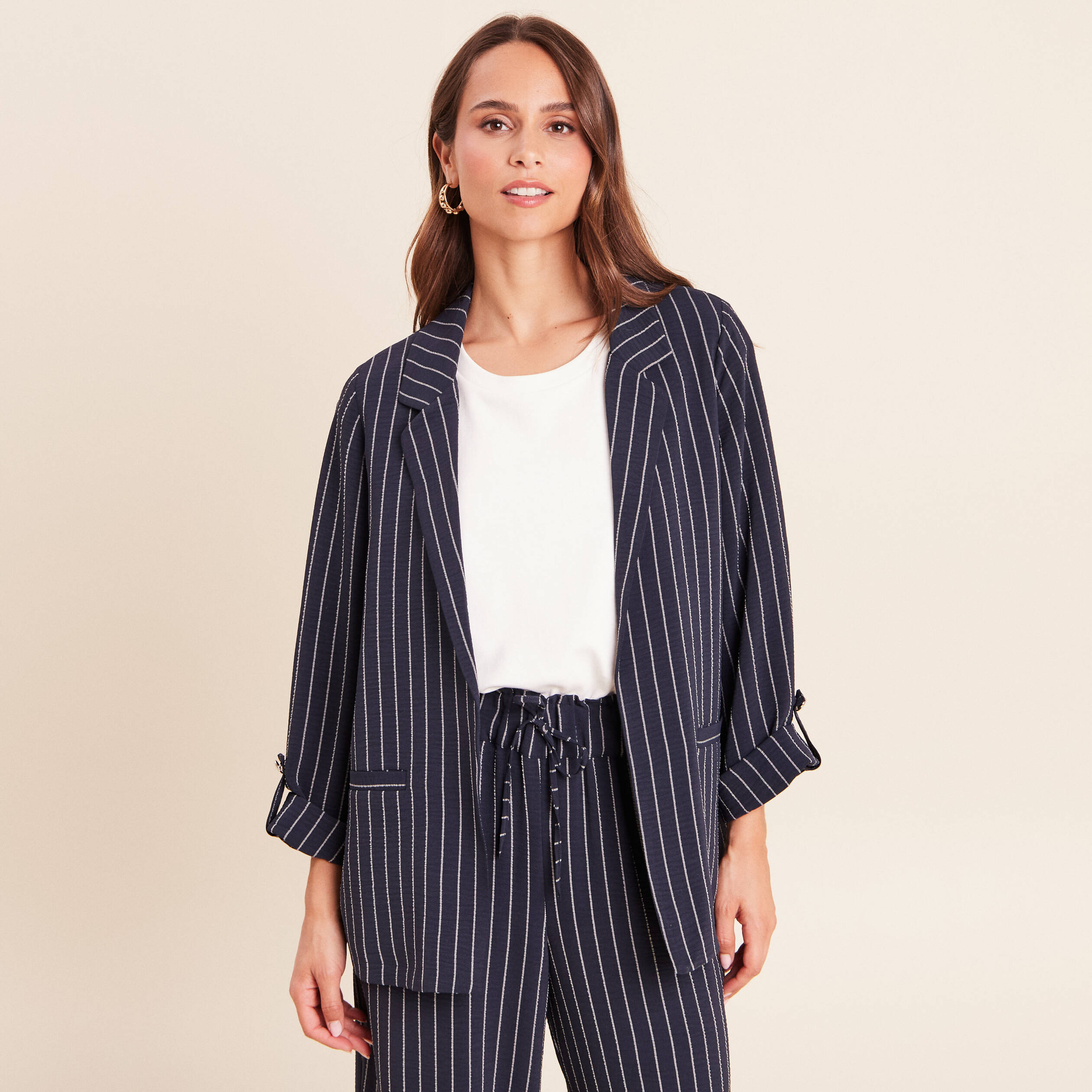 Veste droite longue manches 3/4 doubl&eacute;e bleu fonc&eacute; femme