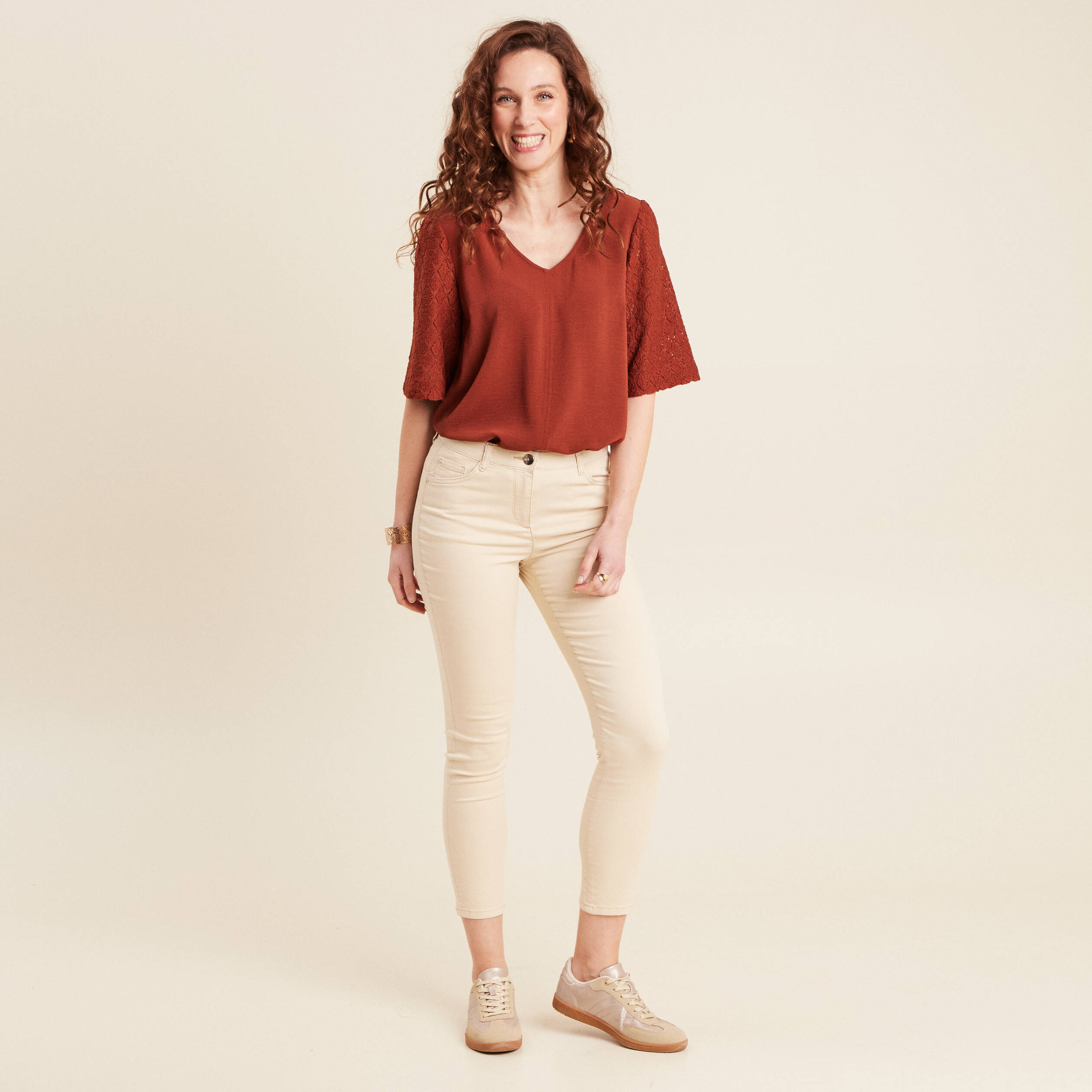 Blouse manches 3/4 marron foncé femme