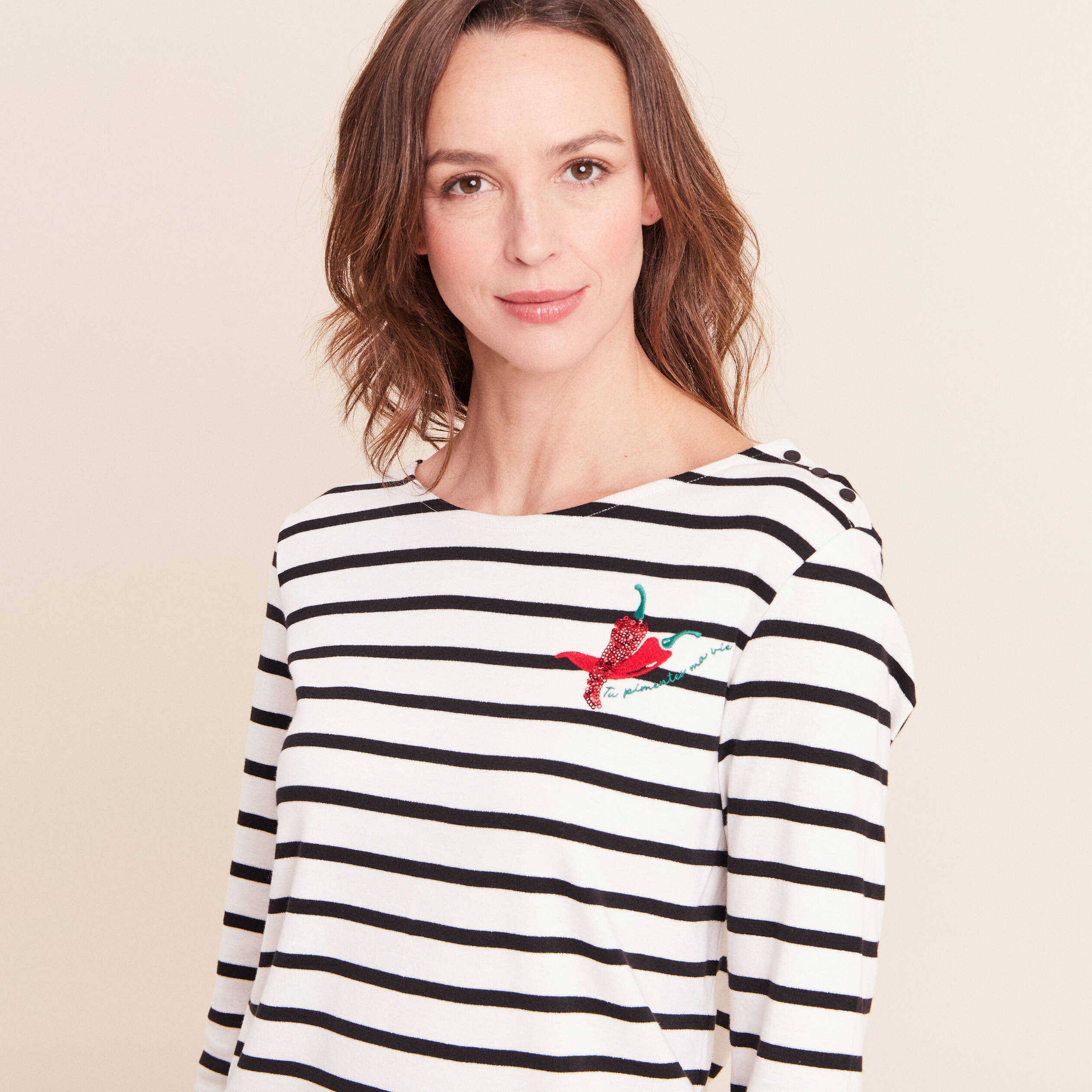 T-shirt marini&egrave;re avec broderie sequins noir femme