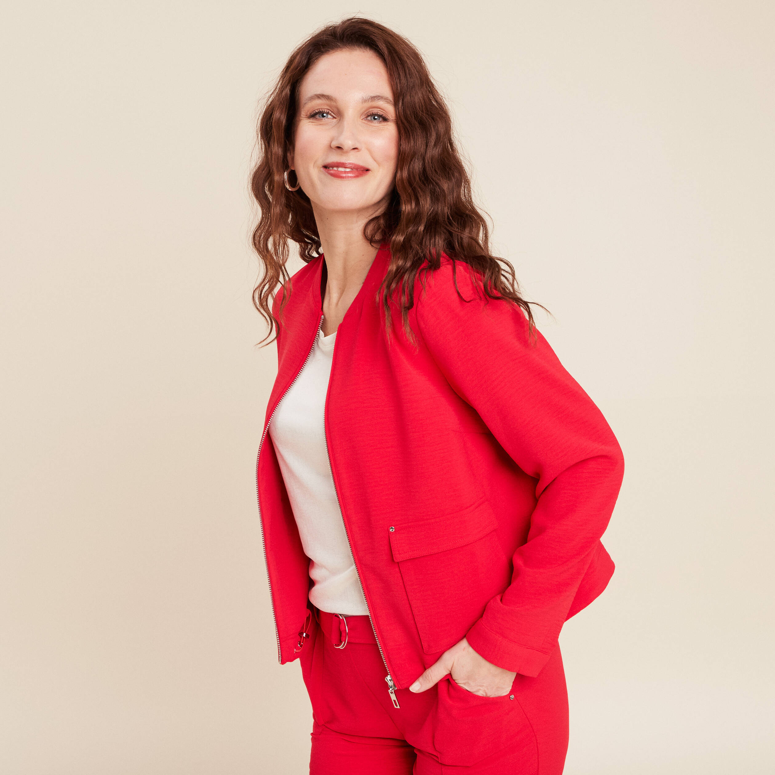 Blouson zippé 2 poches rouge femme