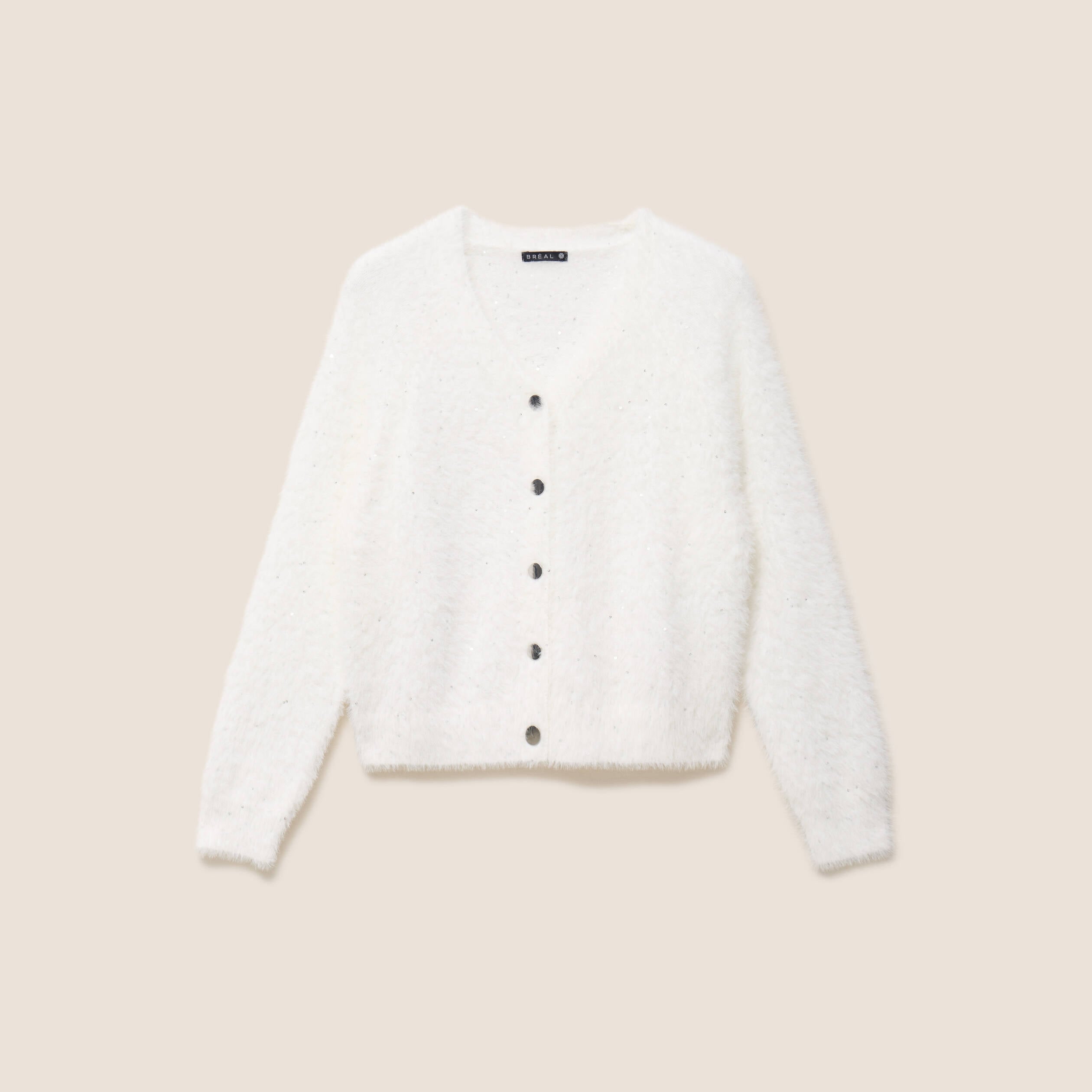 Gilet col V &agrave; sequins ecru femme