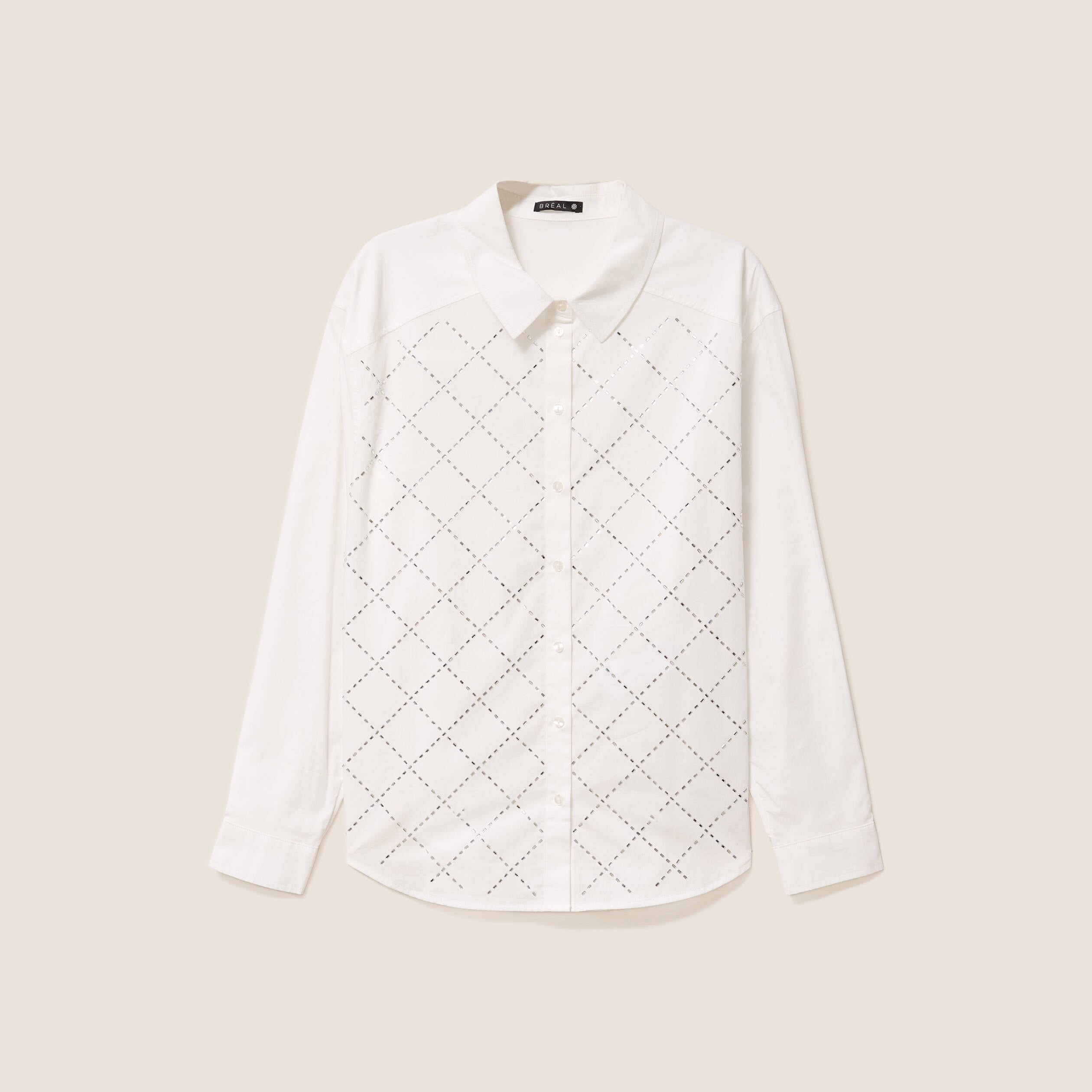 Chemise manches longues en coton strass blanc femme