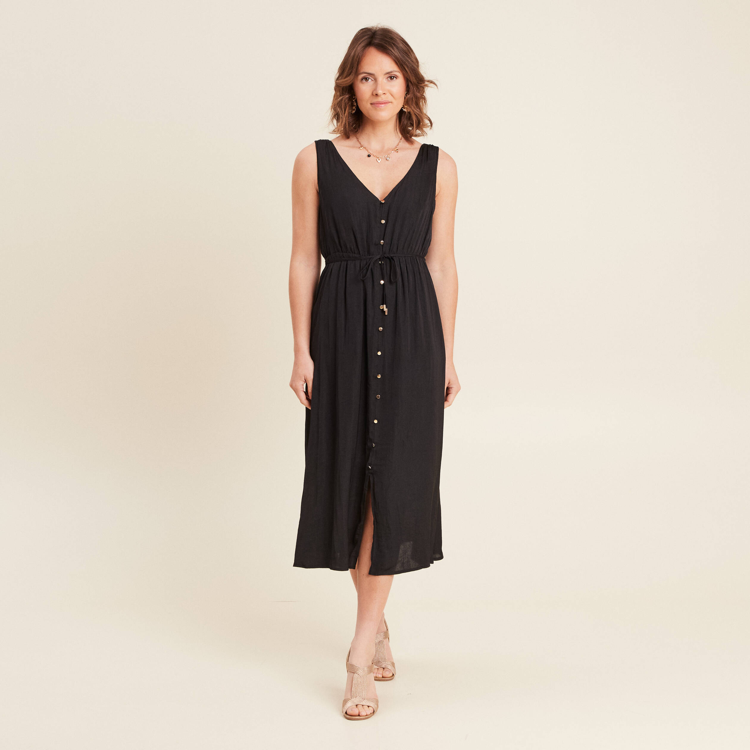 Robe midi évasée satin noir femme