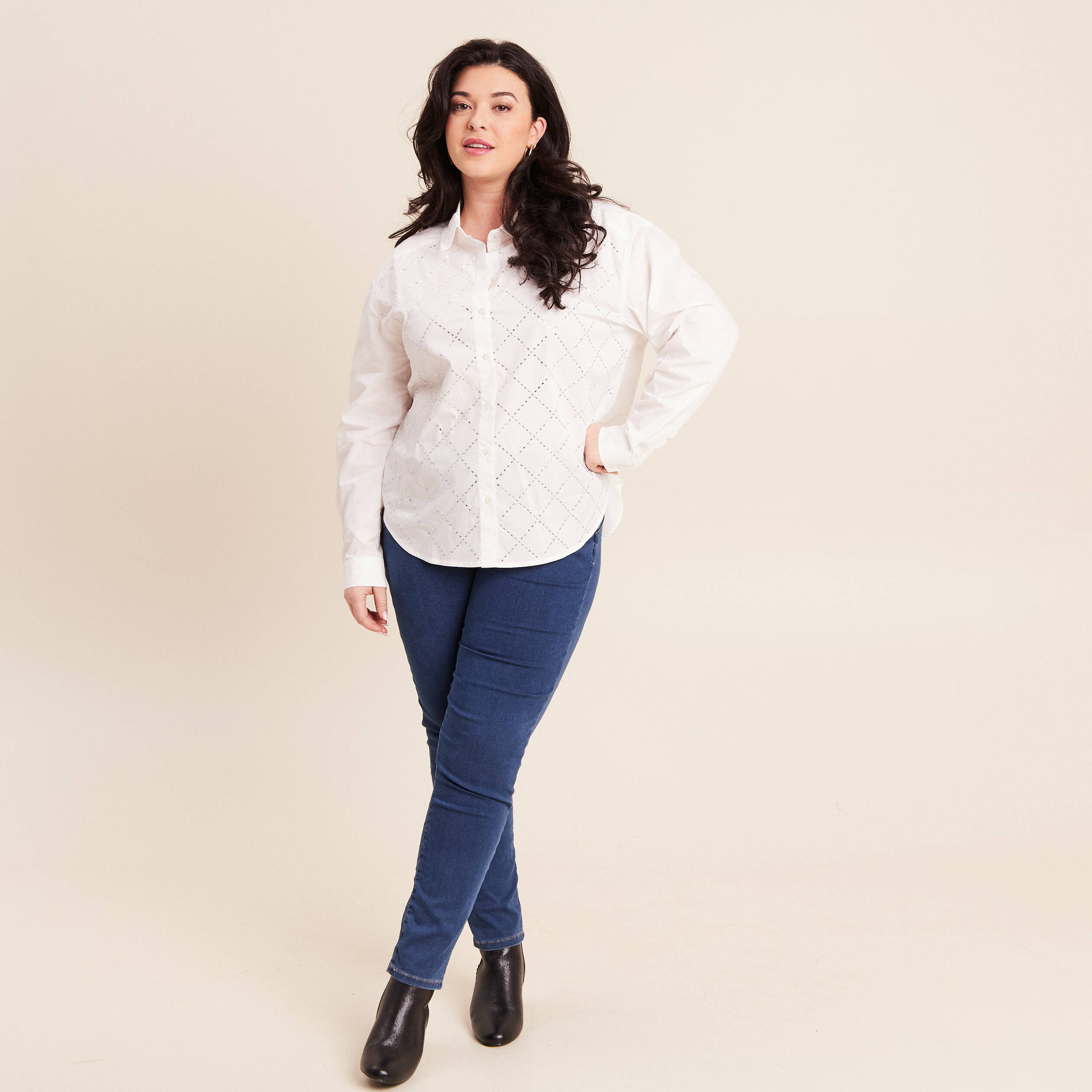 Chemise manches longues en coton strass blanc femme