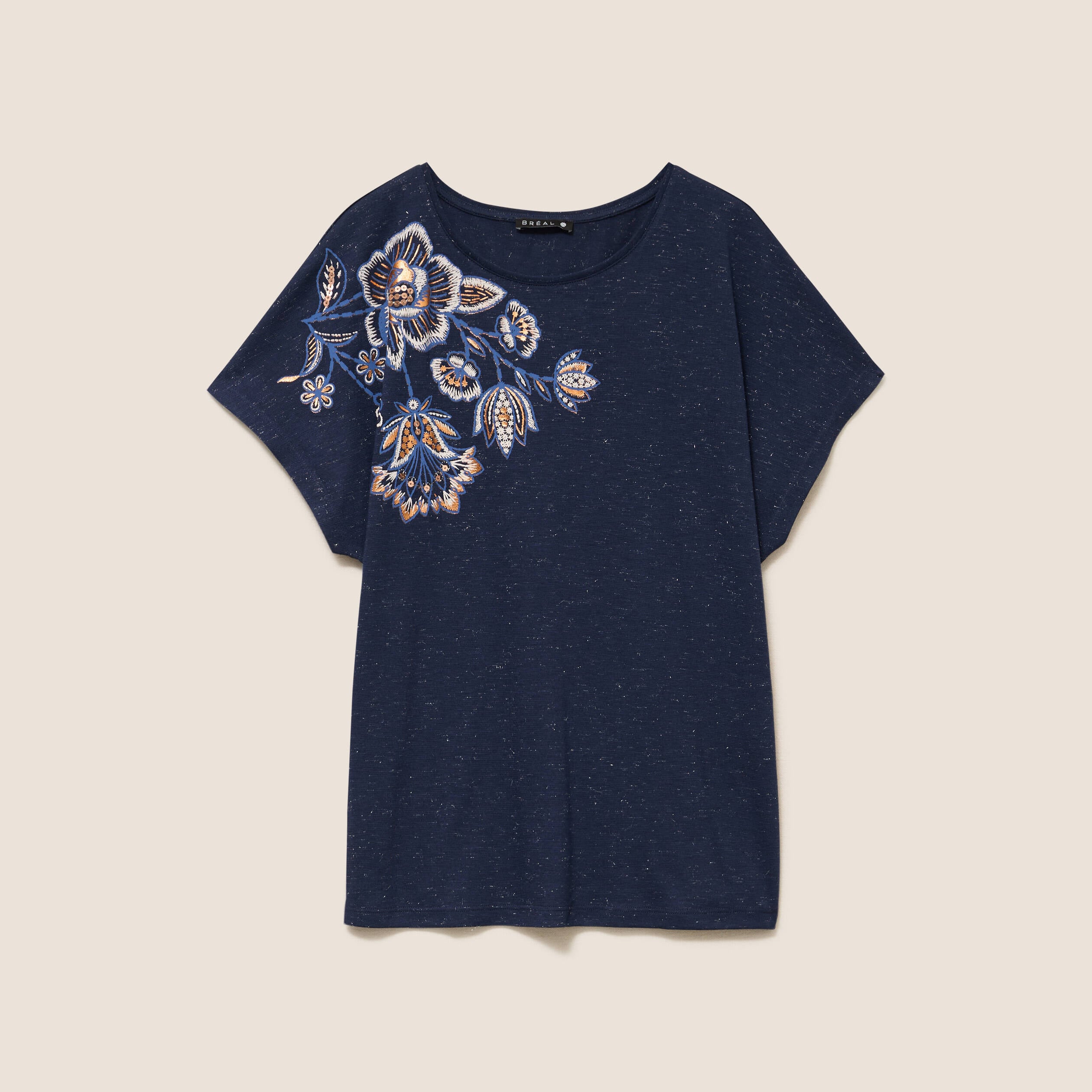 T-shirt &agrave; sequins manches courtes bleu marine femme
