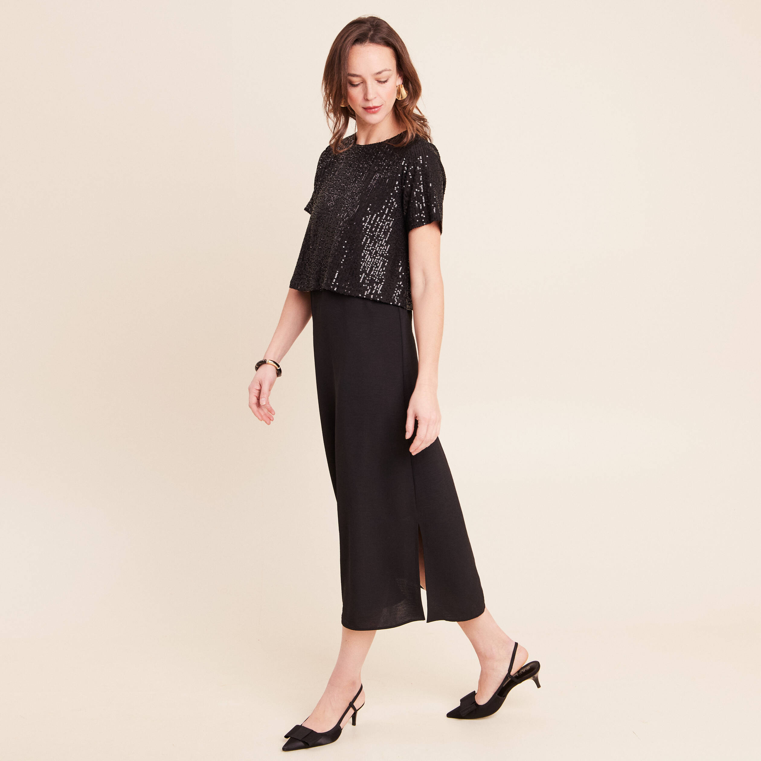 Robe longue &eacute;vas&eacute;e 2 en 1 col rond noir femme