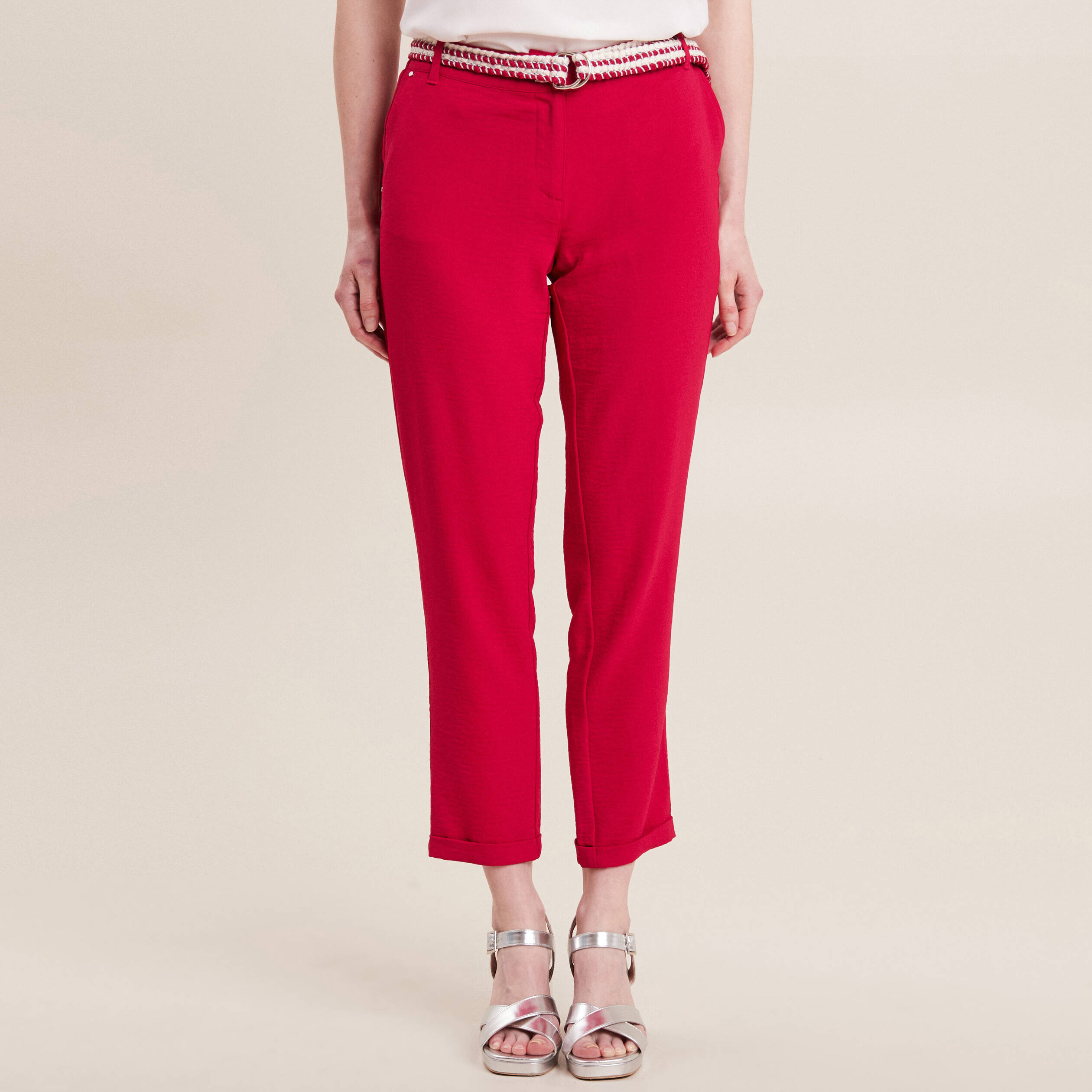 Pantalon chino à ceinture rose cerise femme