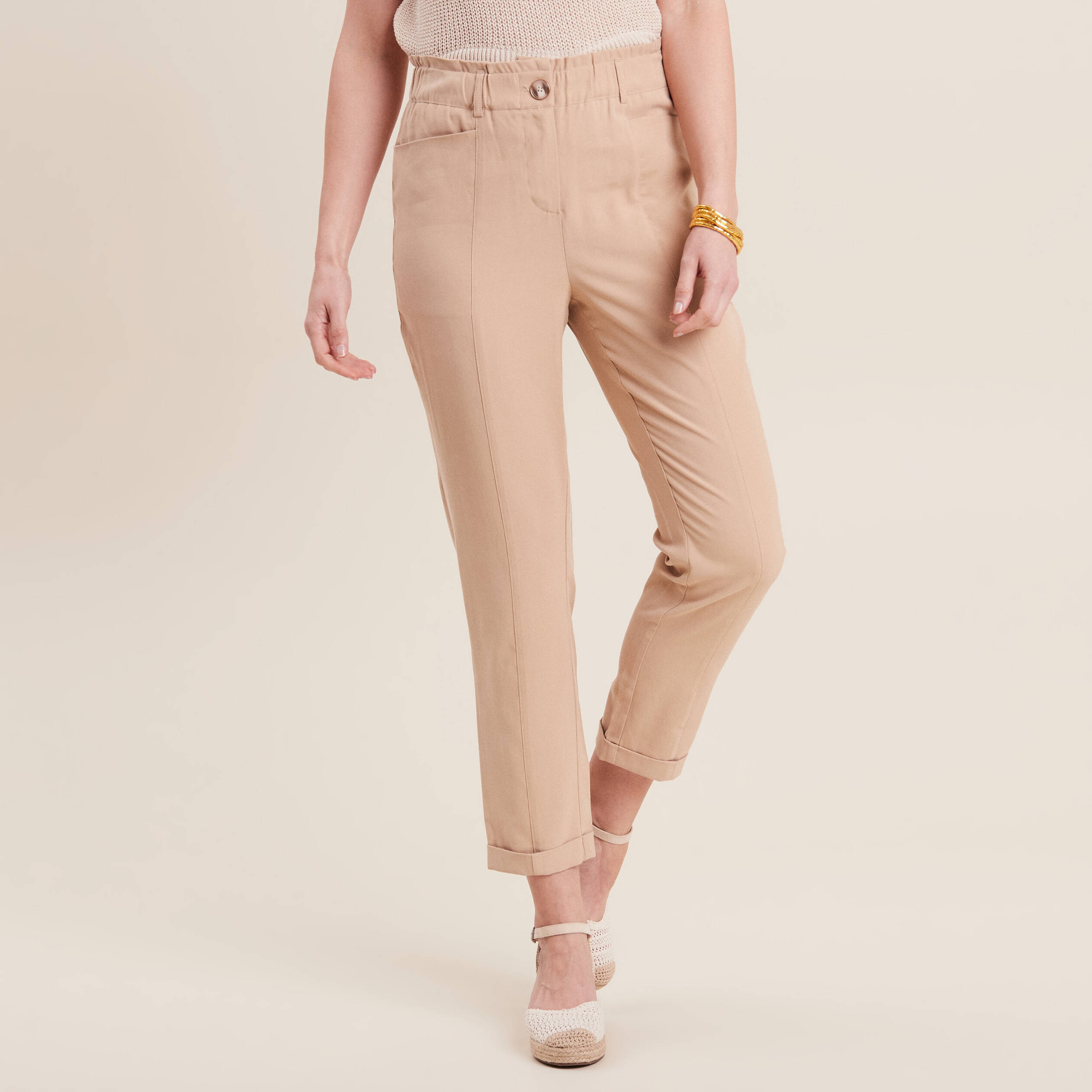 Pantalon carotte 7/8&egrave;me beige femme