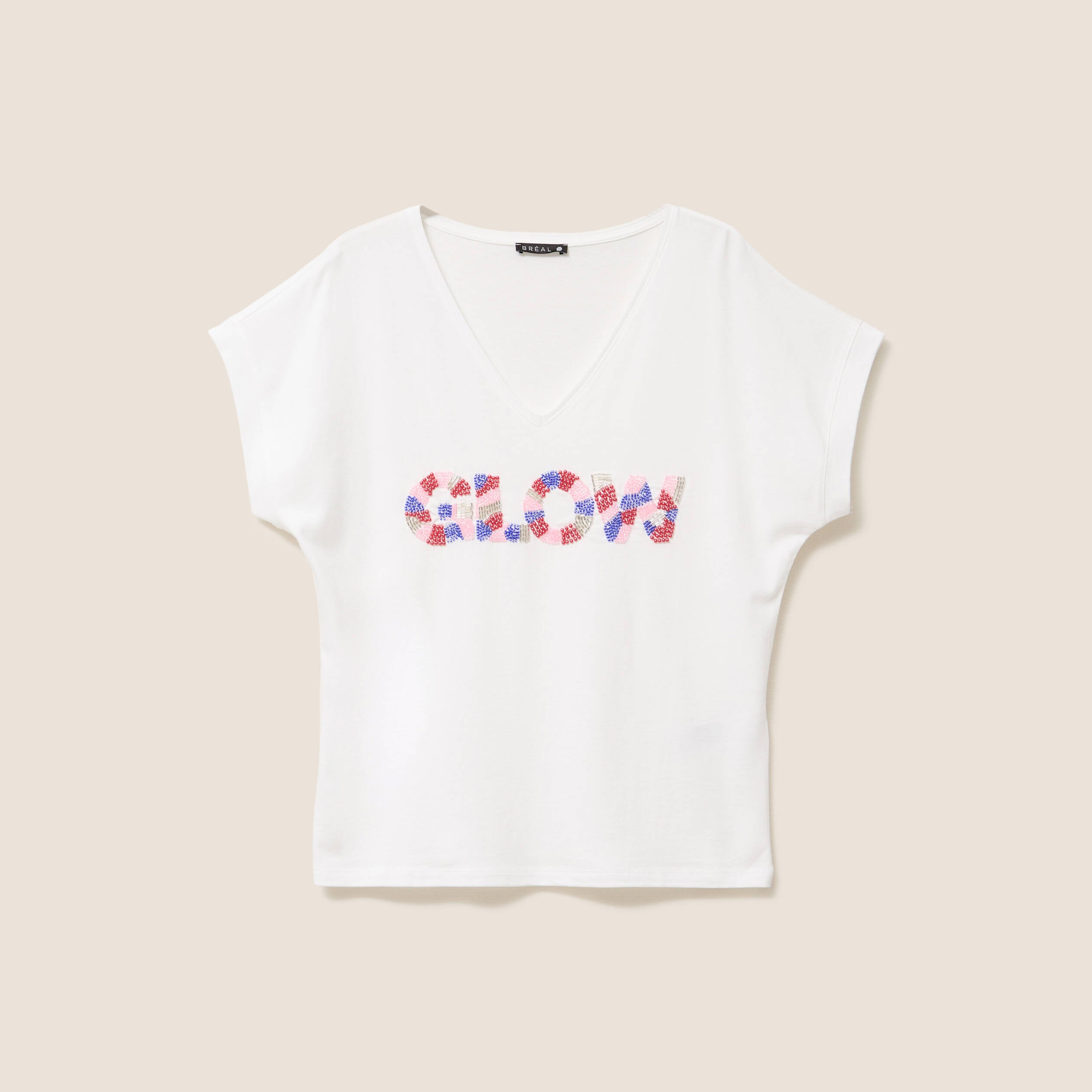 T-shirt col v manches courtes ecru femme
