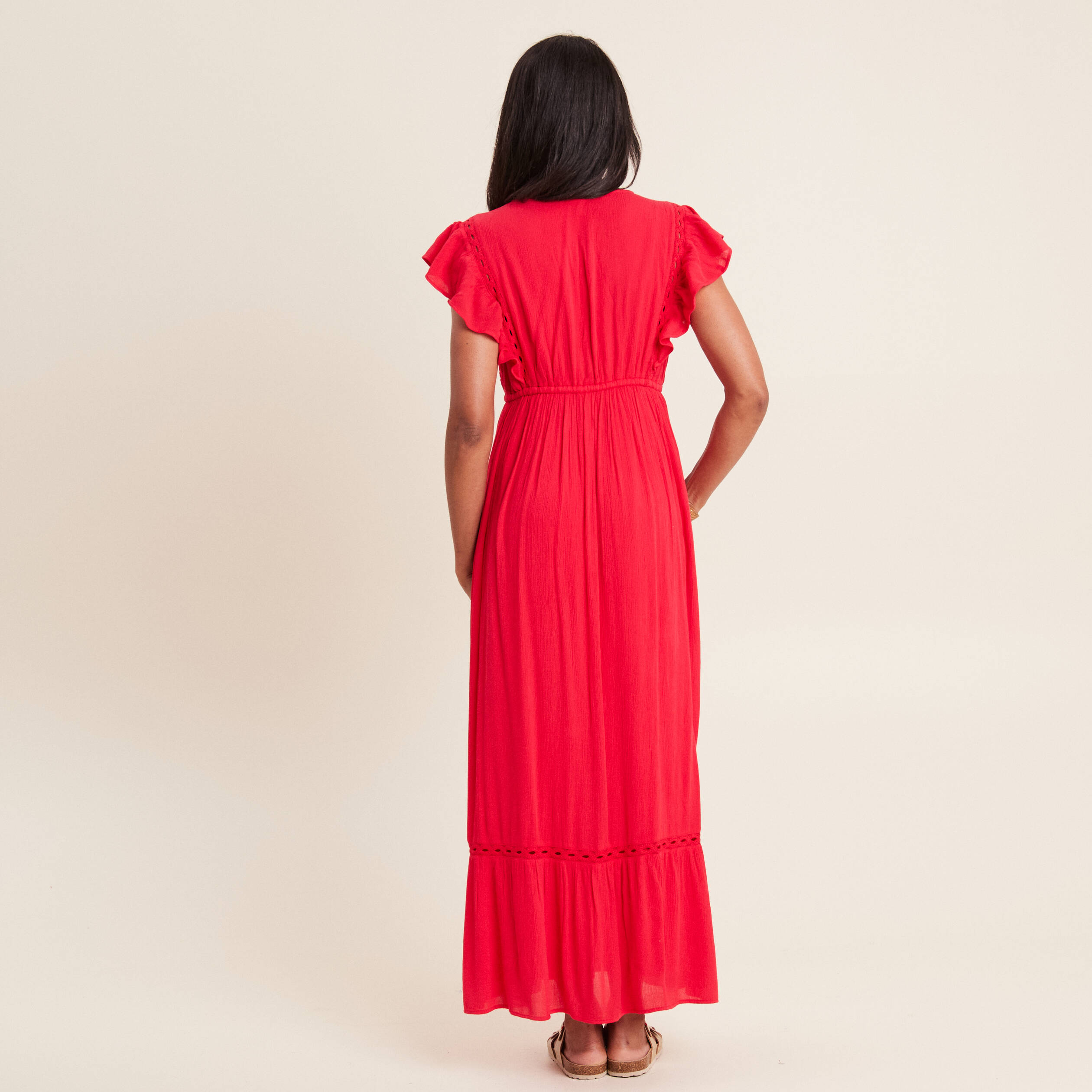 Robe longue évasée à volants rouge femme