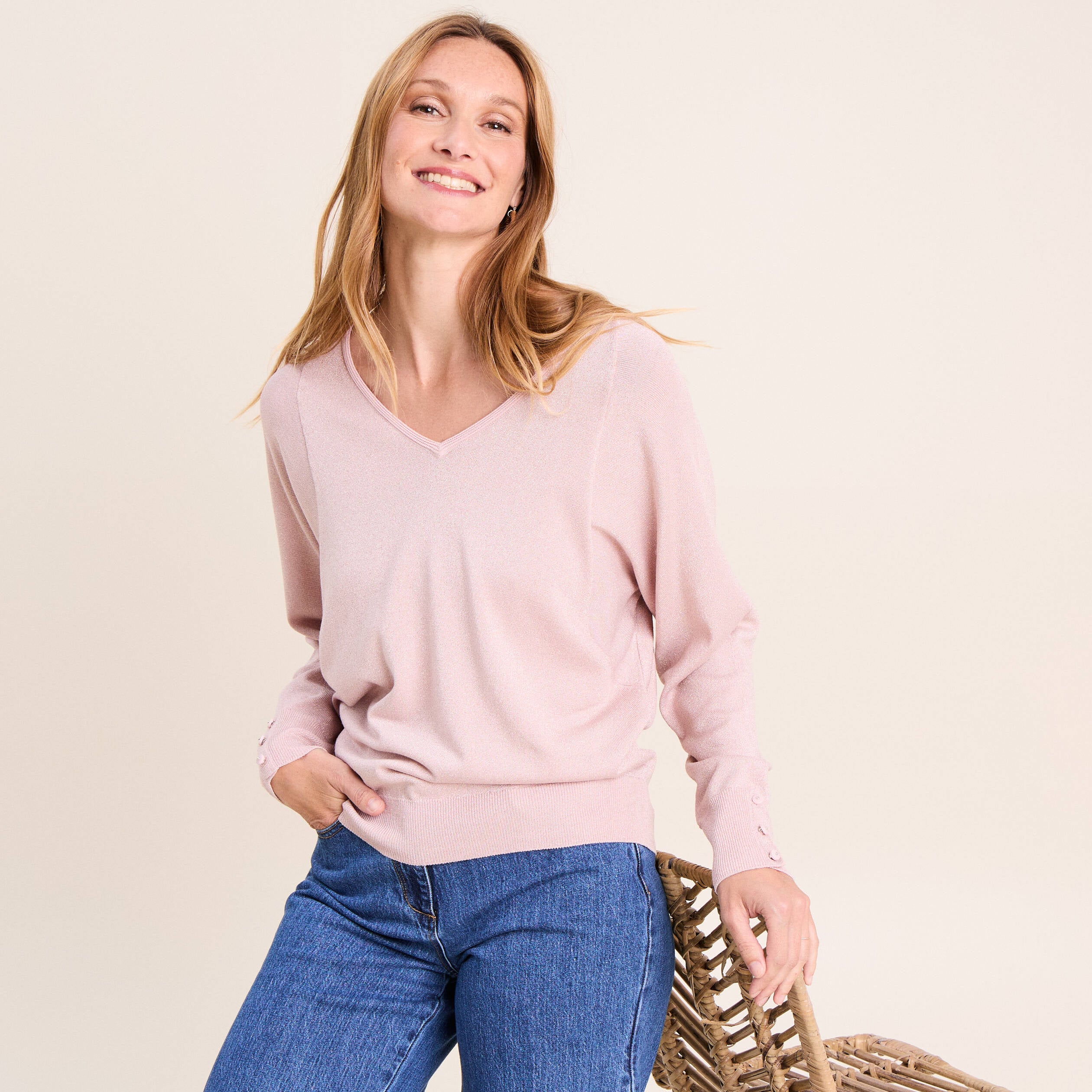 Pull manches longues rose clair femme