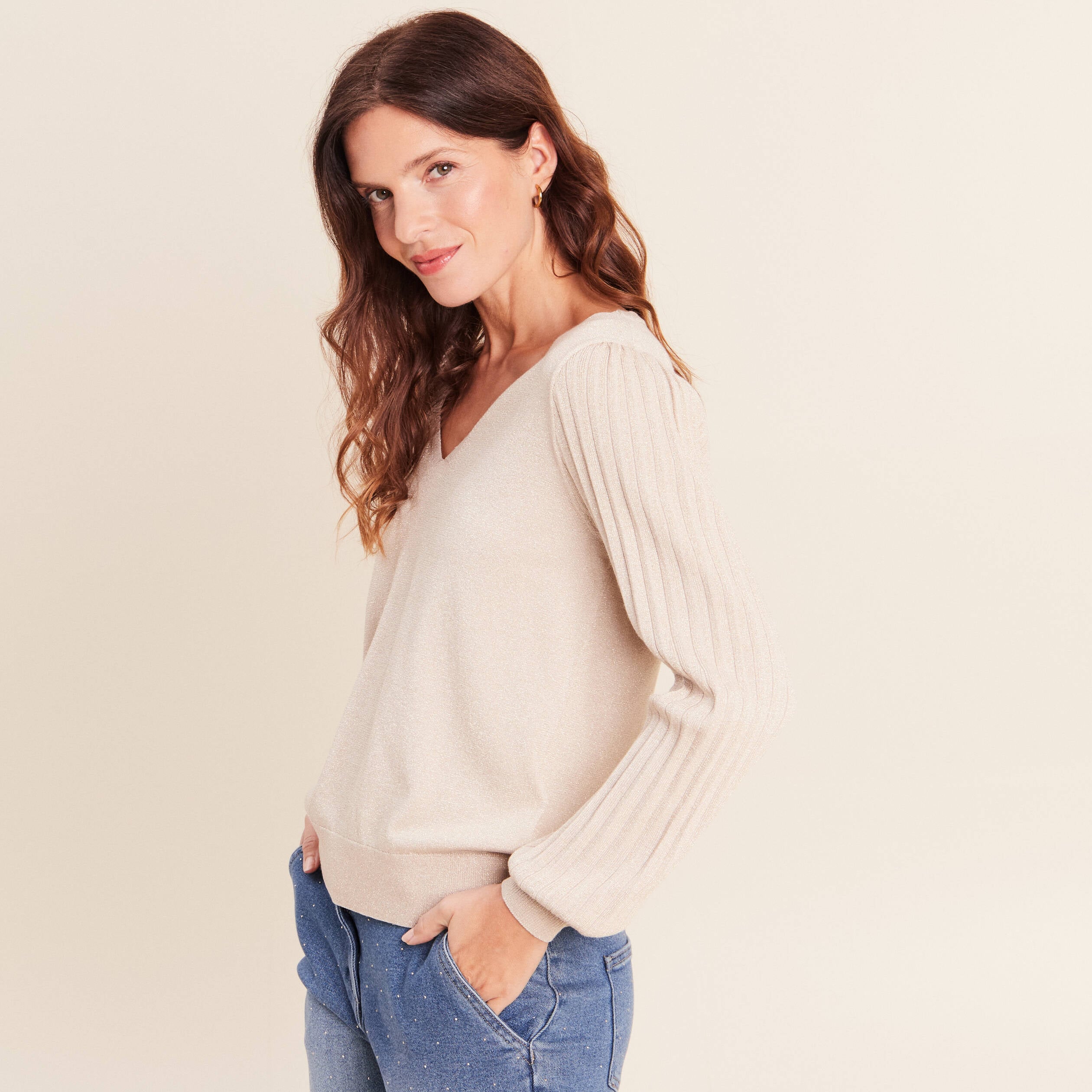 Pull manches longues couleur or femme