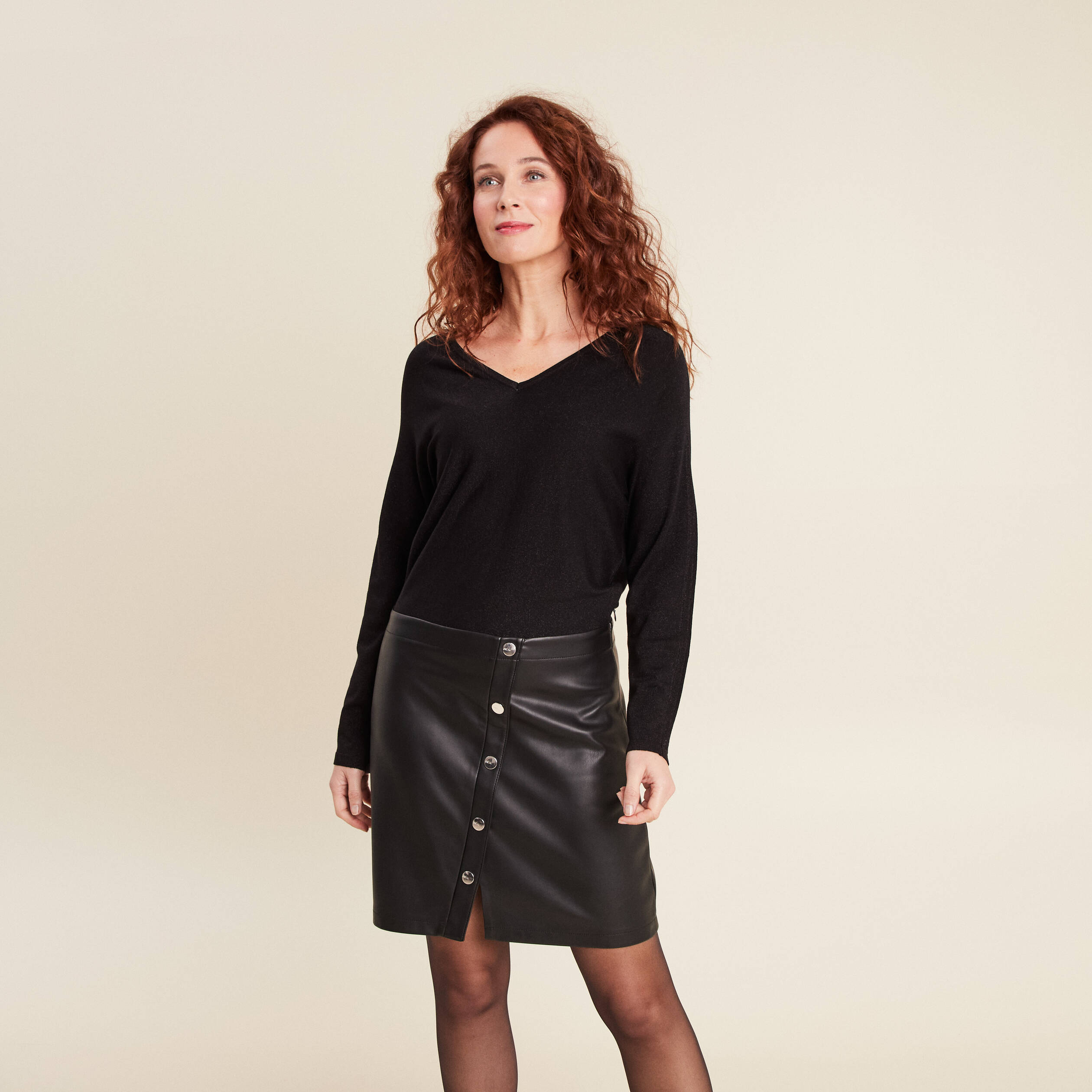 Robe tricot bas simili cuir noir femme