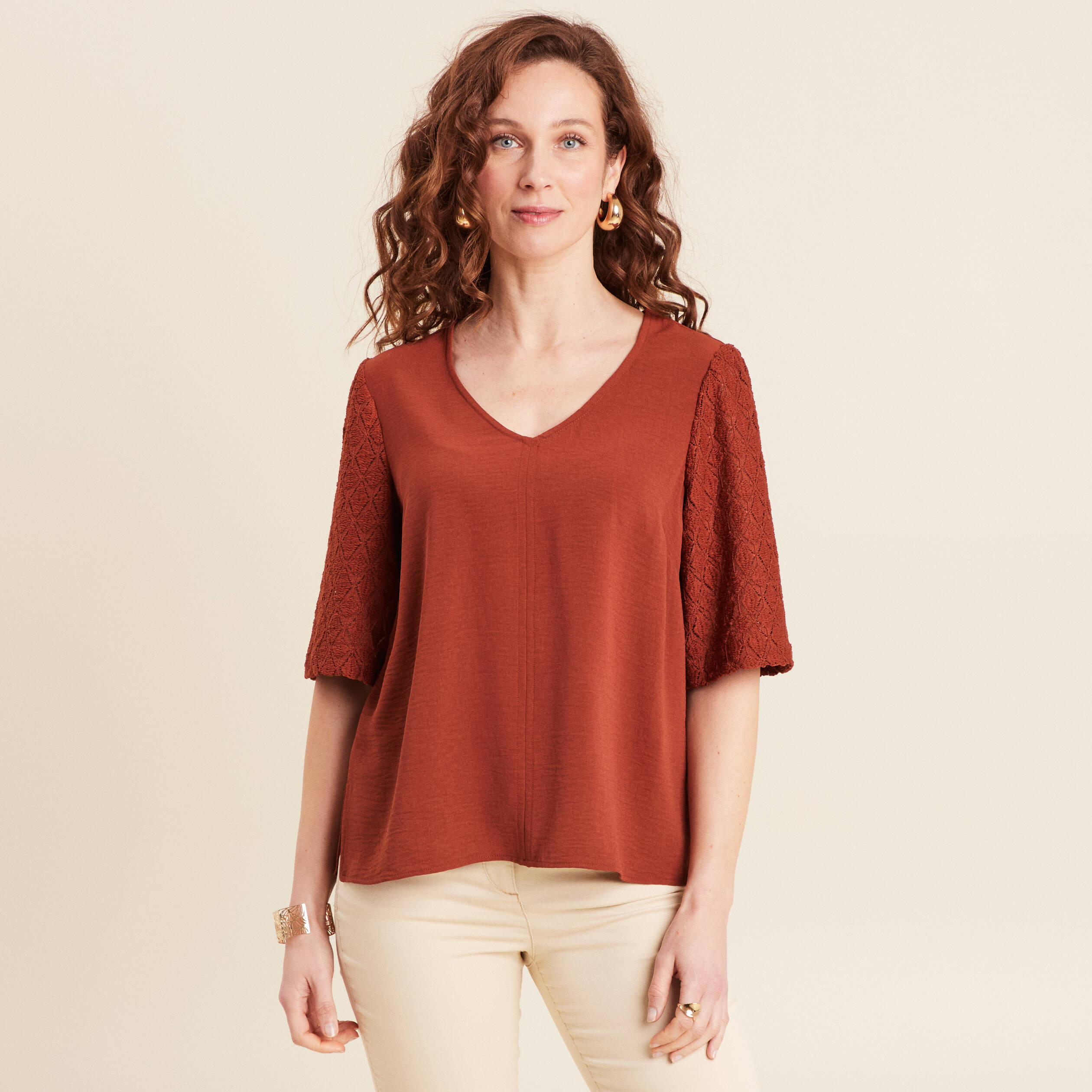 Blouse manches 3/4 marron foncé femme