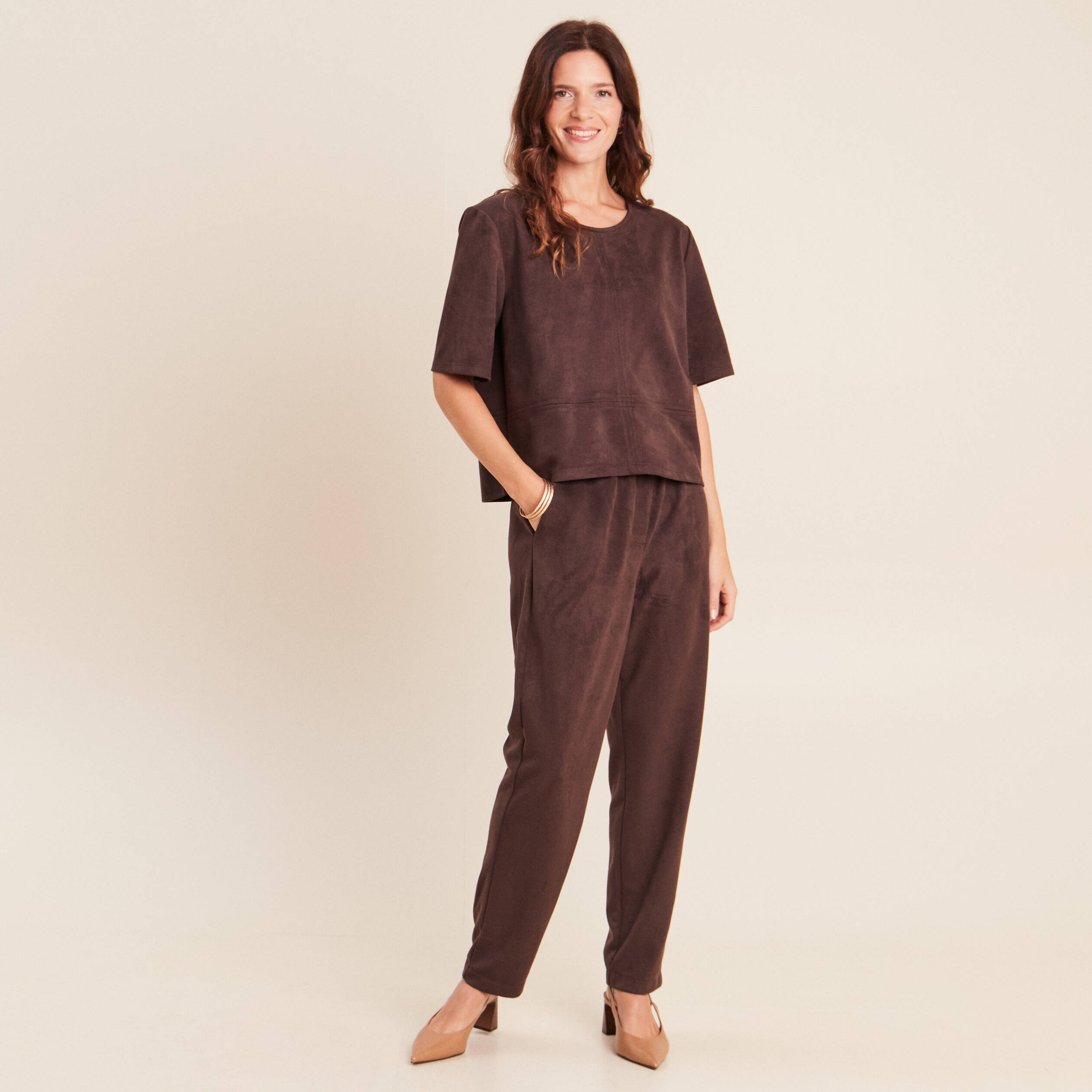Top en suedine marron fonc&eacute; femme