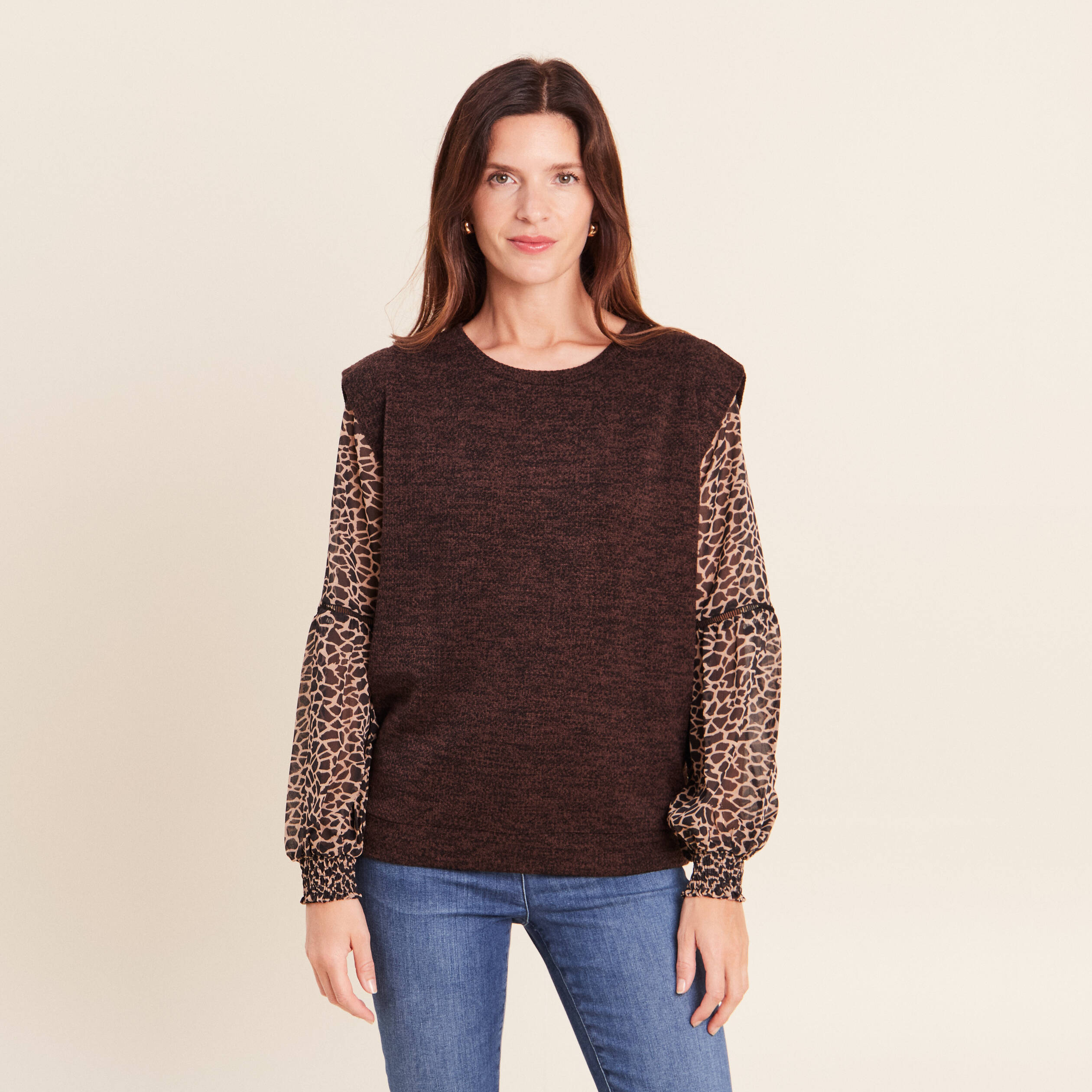 T-shirt col rond manches longues noir femme