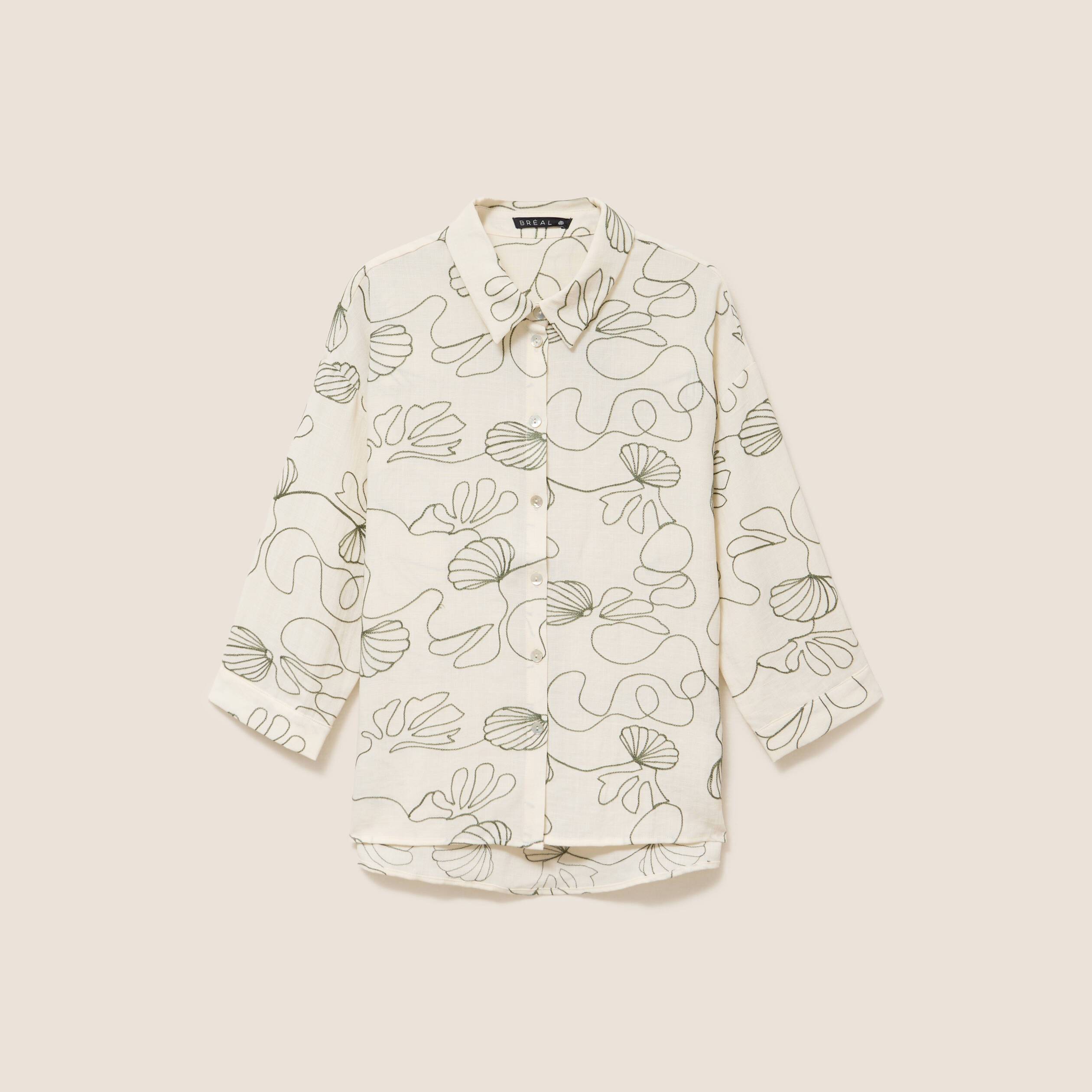 Chemise broderie col chemise manches 3/4 vert femme