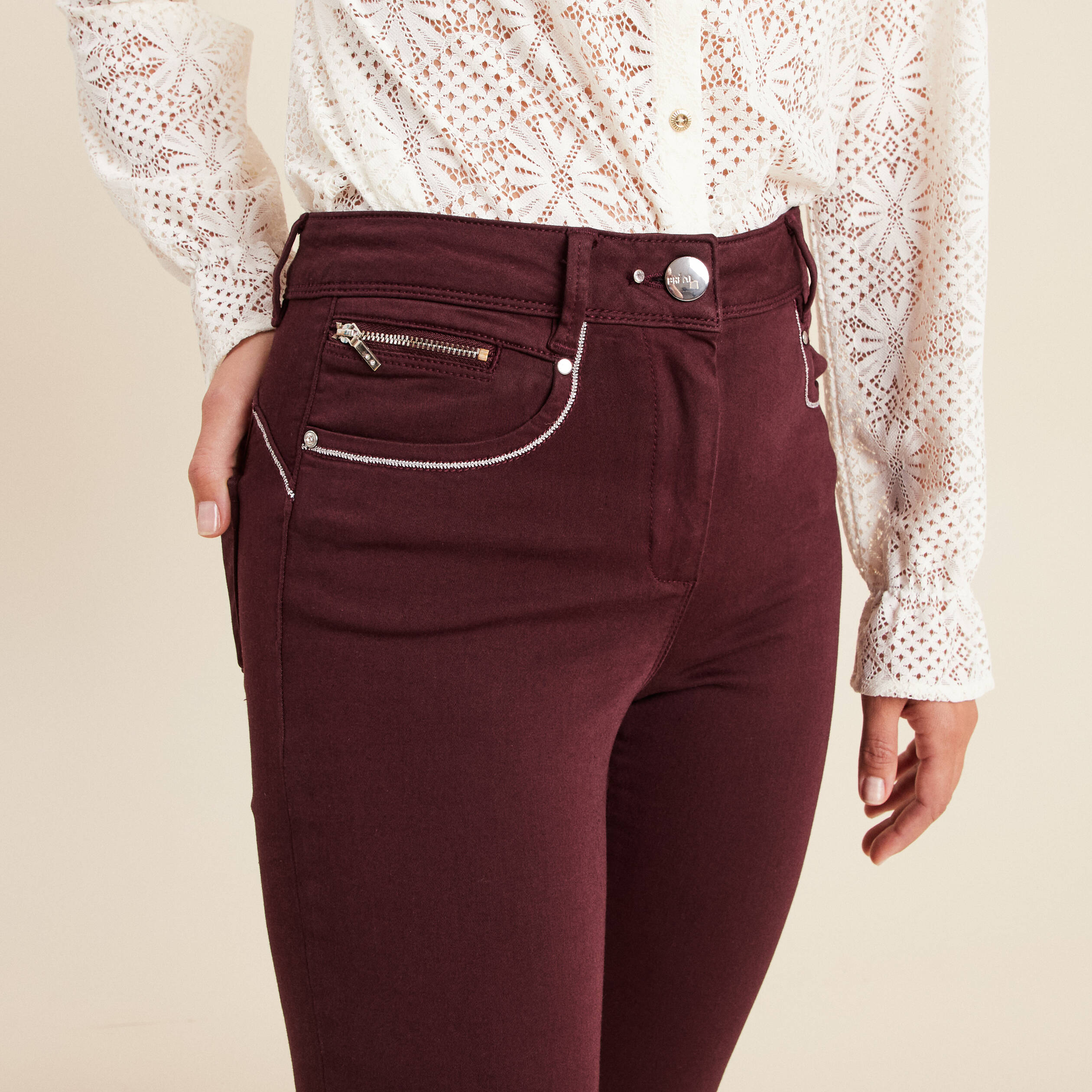 Pantalon droit taille haute bordeaux femme