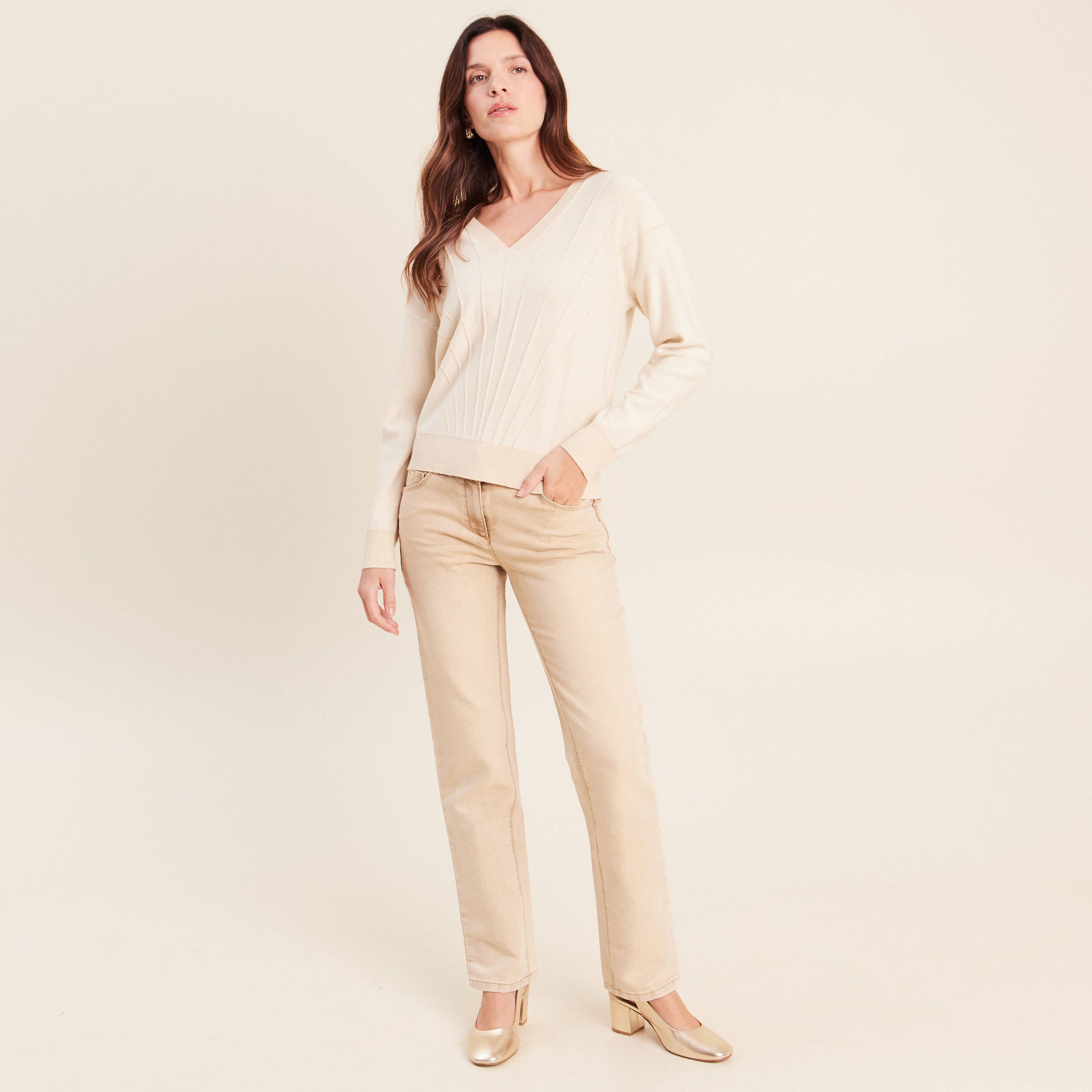 Jean taille bascul&eacute;e denim beige femme