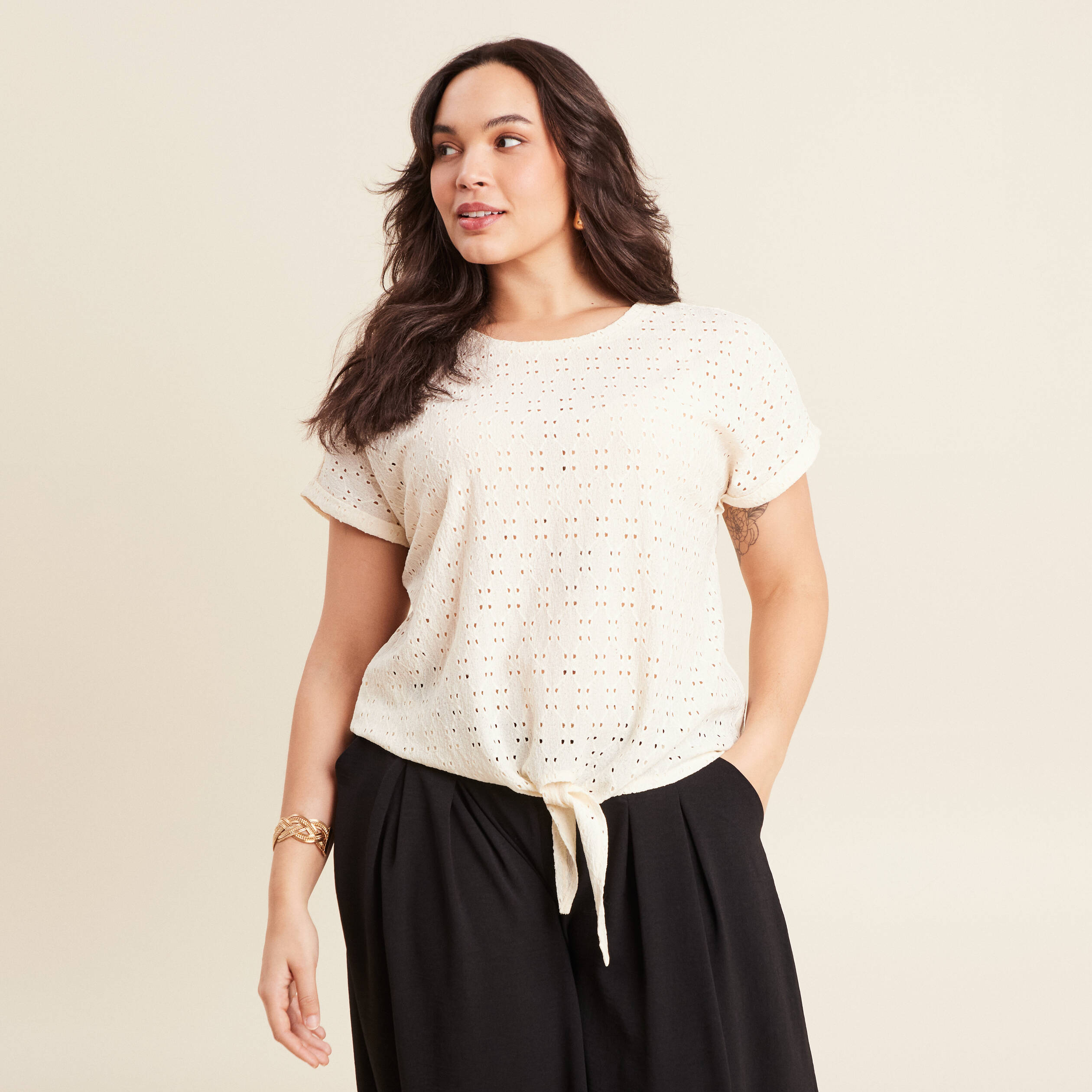 Blouse manches courtes nouée ecru femme